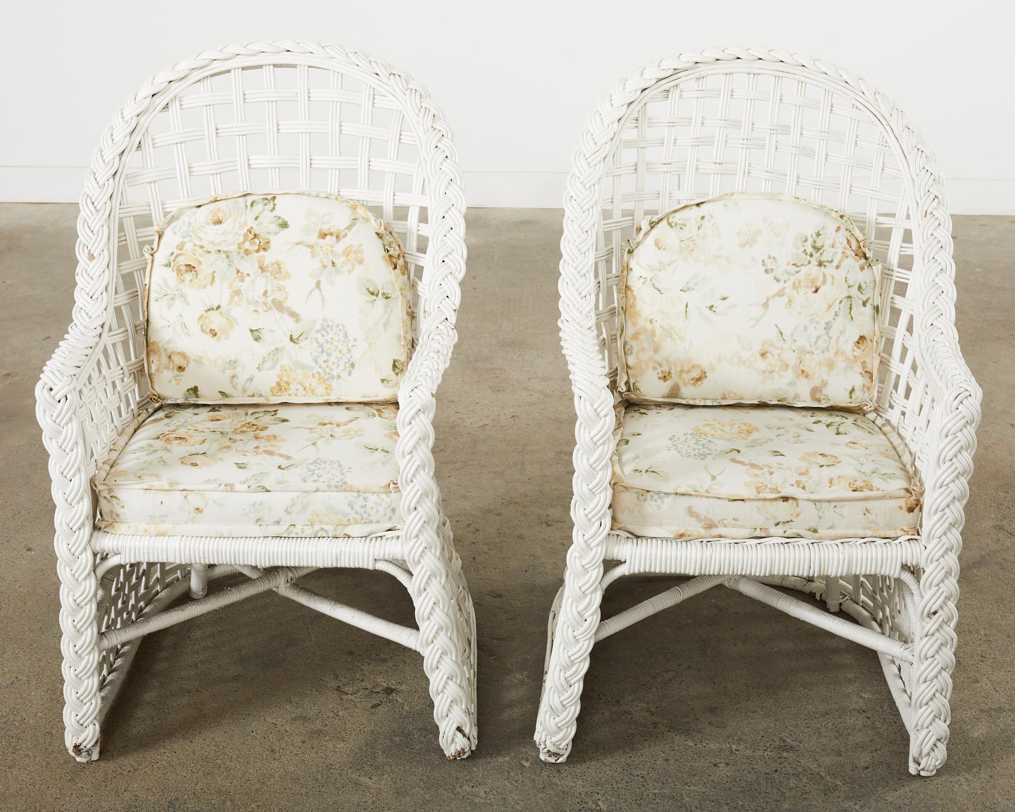 Hand-Crafted Set of Six Painted Wicker Rattan Garden Dining Armchairs  For Sale
