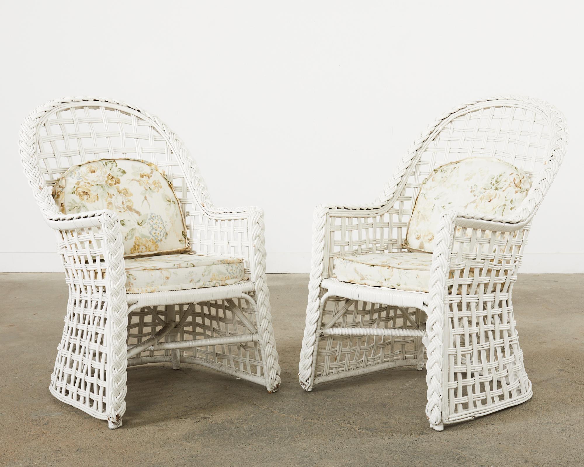 Set of Six Painted Wicker Rattan Garden Dining Armchairs  In Good Condition For Sale In Rio Vista, CA
