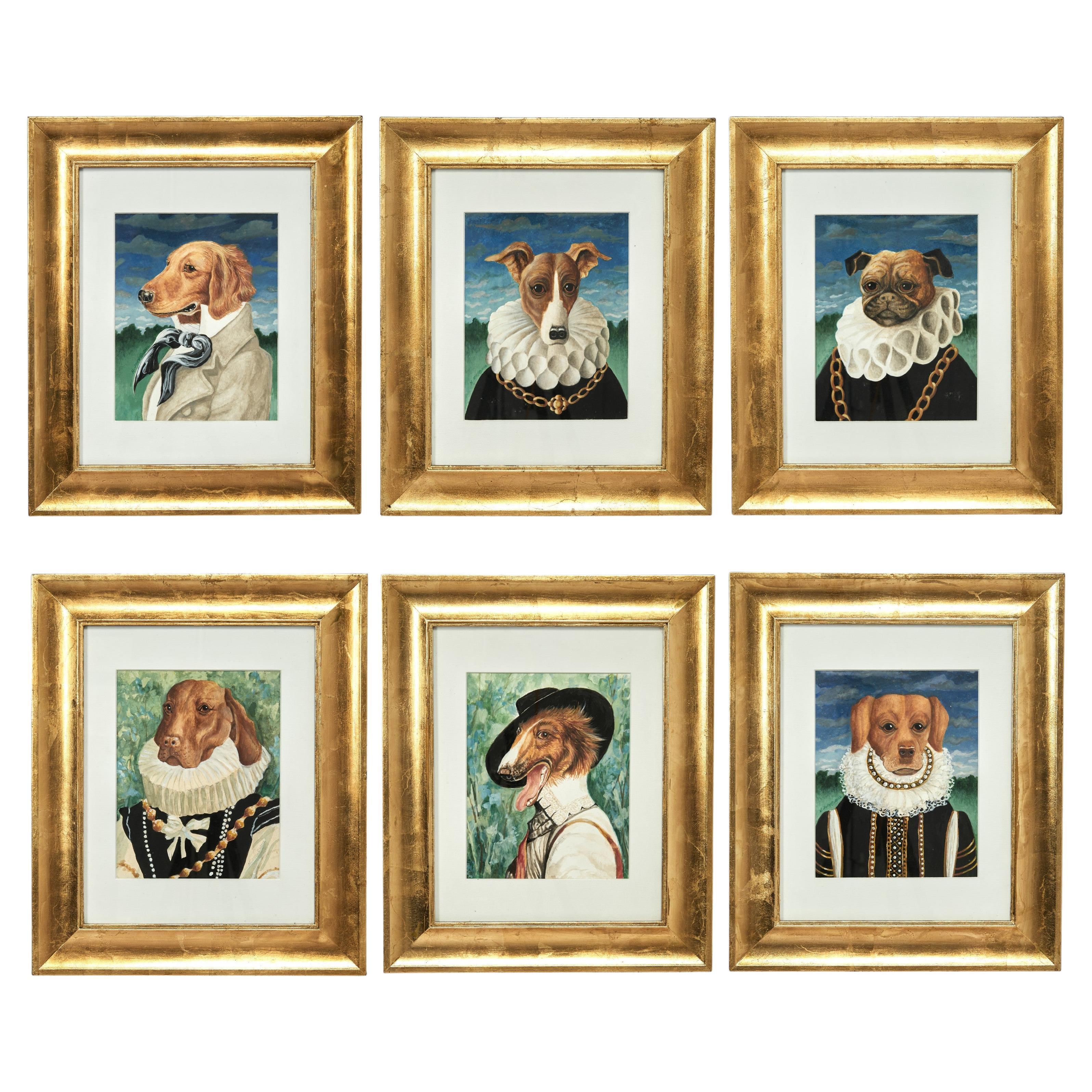 Satz von sechs Gemälden von Hunden in menschlicher Kleidung von Nancy Jolly im Angebot