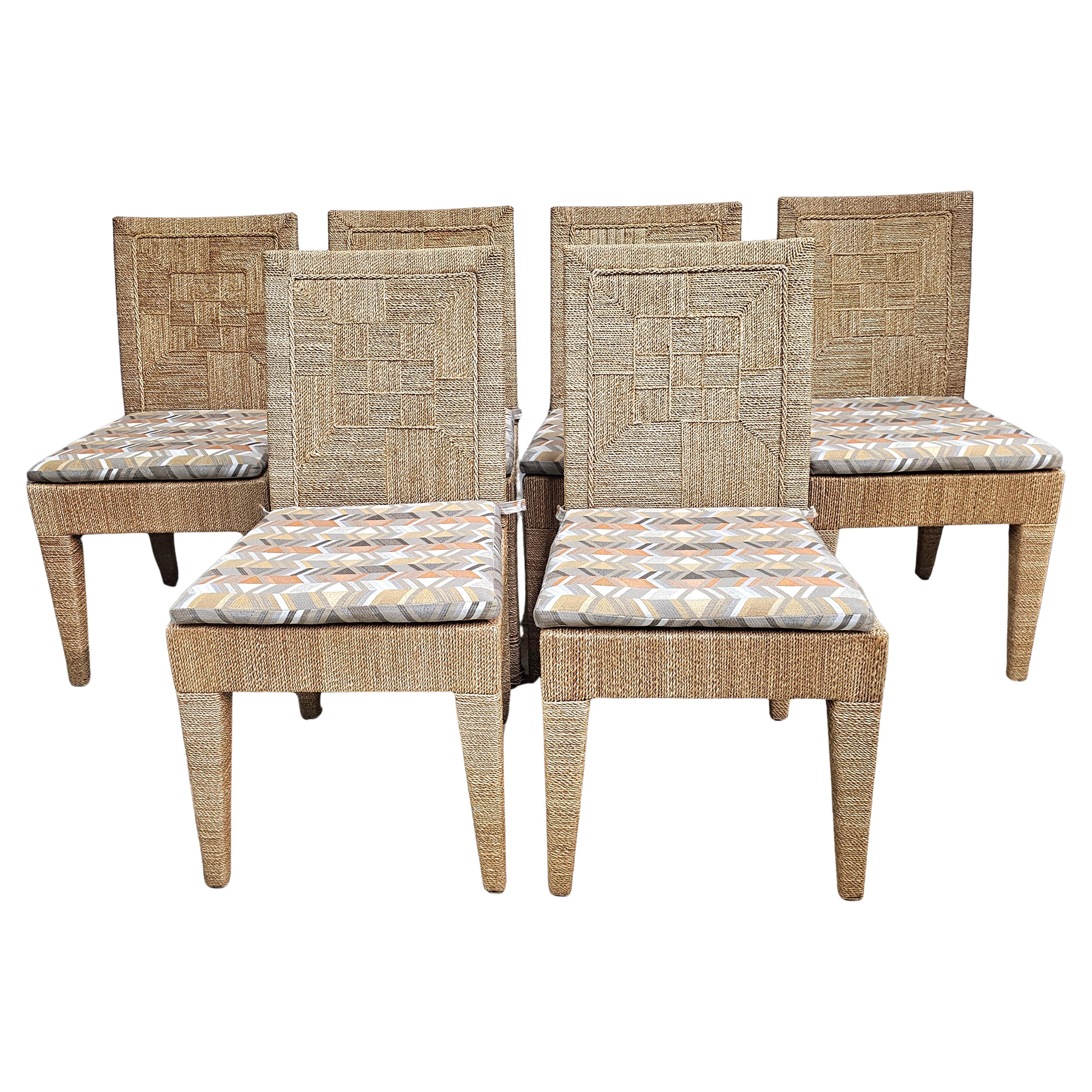 Set of Six Palecek Handcrafted Wood and Abaca Wrapped Vale Dining Chairs