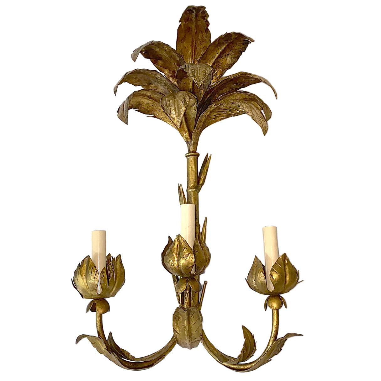 Italian Set of Large Palm Frond Sconces, Sold per pair For Sale