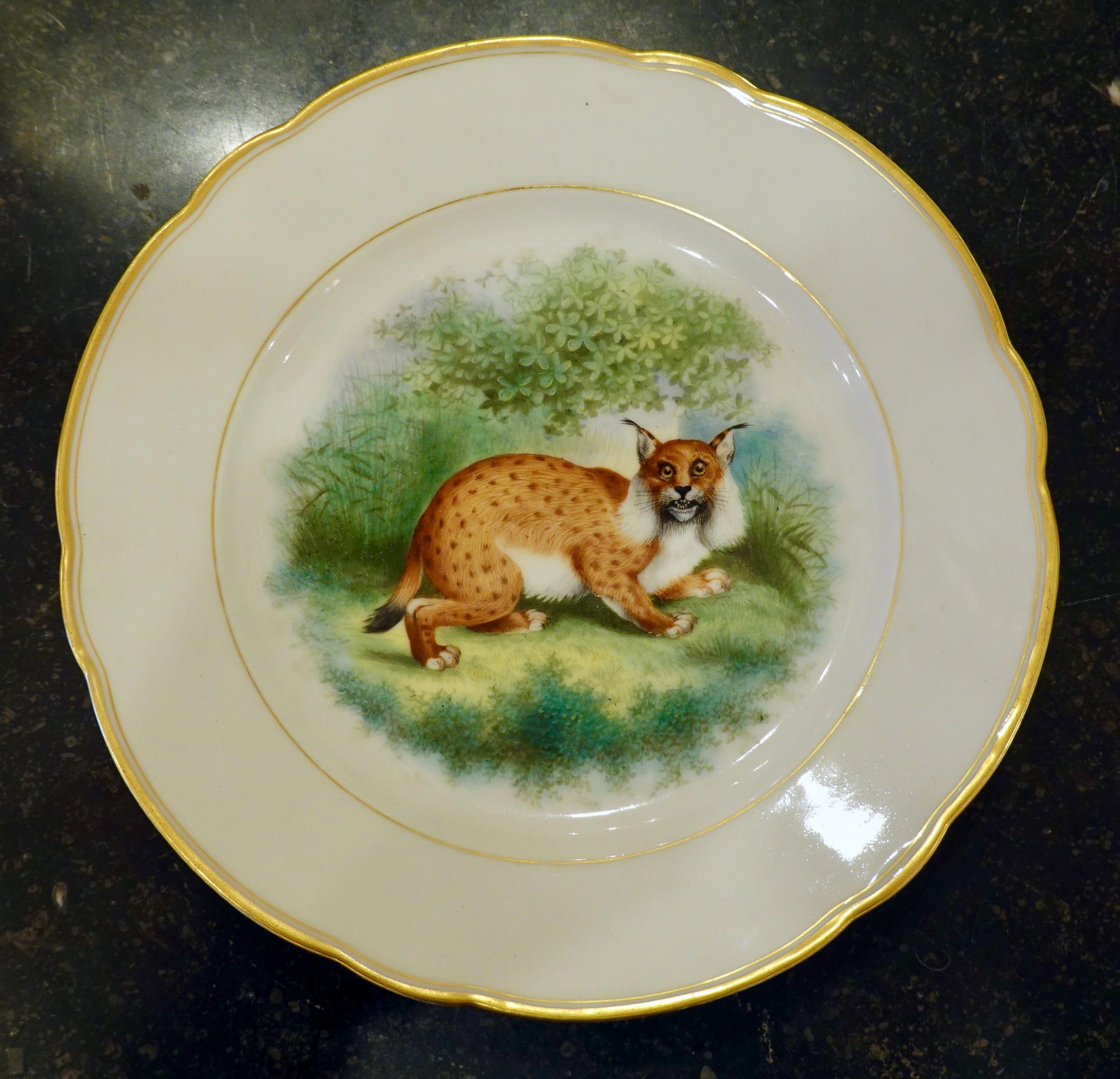 French Set of Six Paris Porcelain Fruit Plates with Hand-Painted Scenes of Animals For Sale