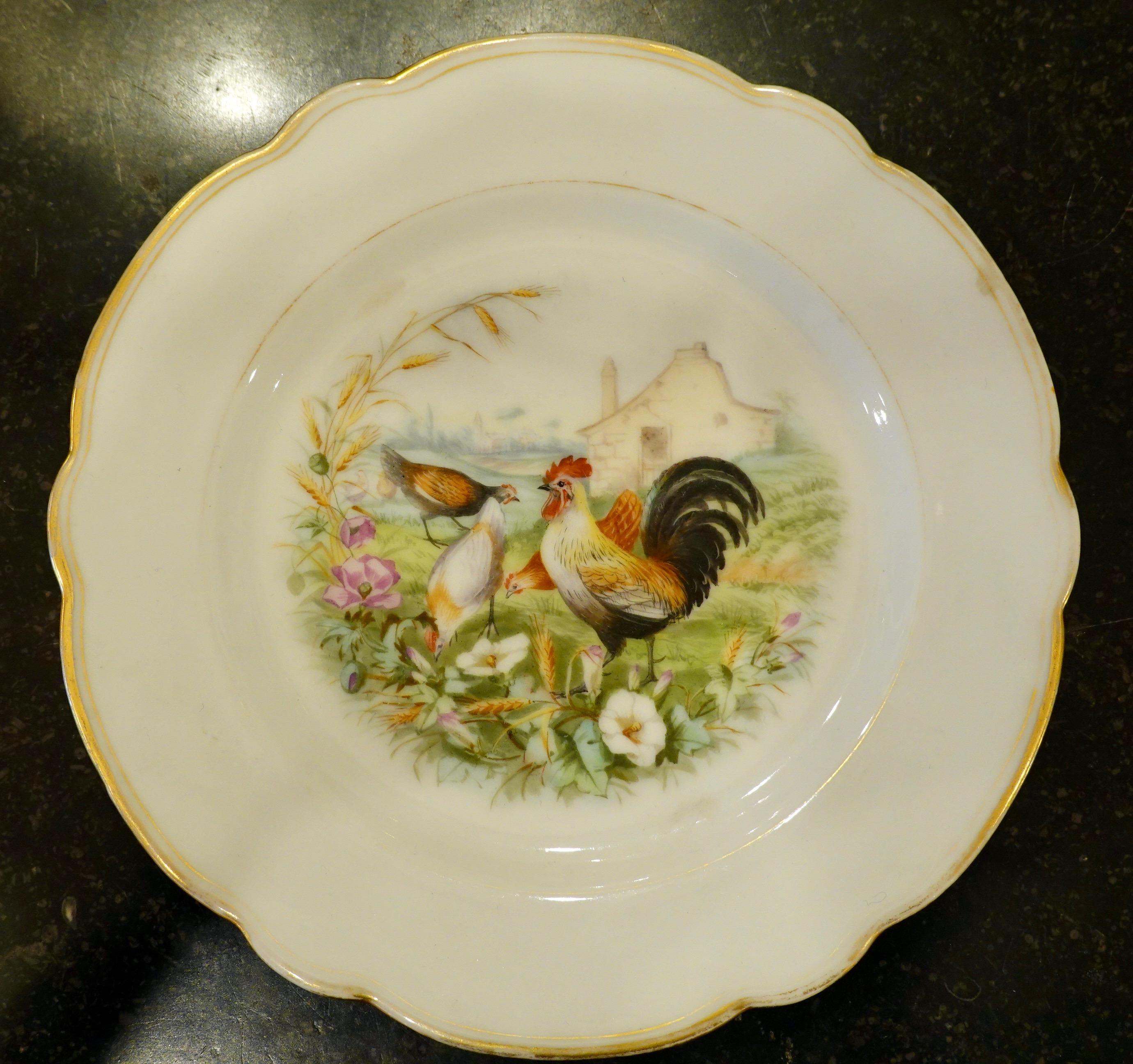 Set of Six Paris Porcelain Fruit Plates with Hand-Painted Scenes of Animals In Good Condition For Sale In Pembroke, MA