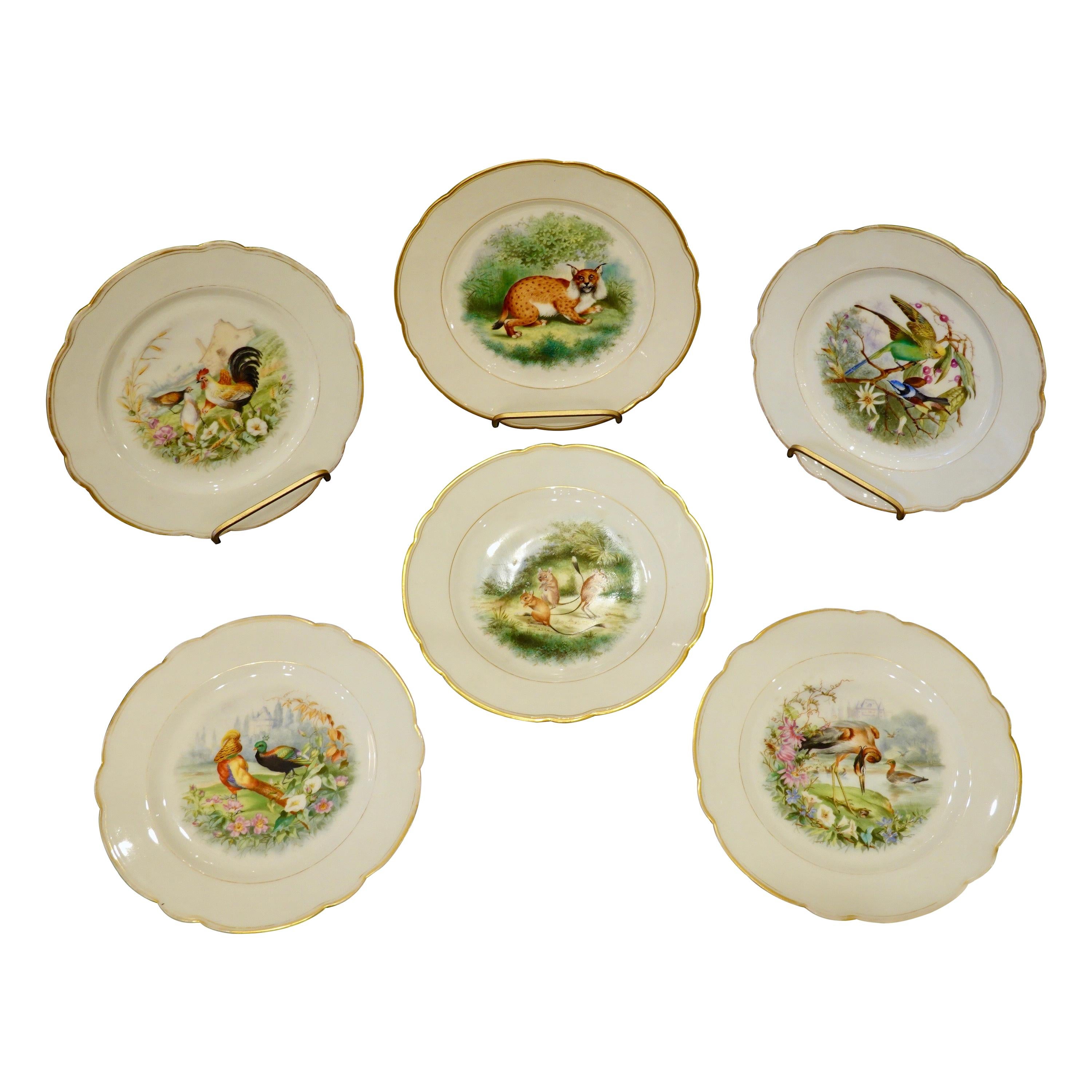 Juego de seis Platos de Frutas de Porcelana de París con Escenas de Animales Pintadas a Mano