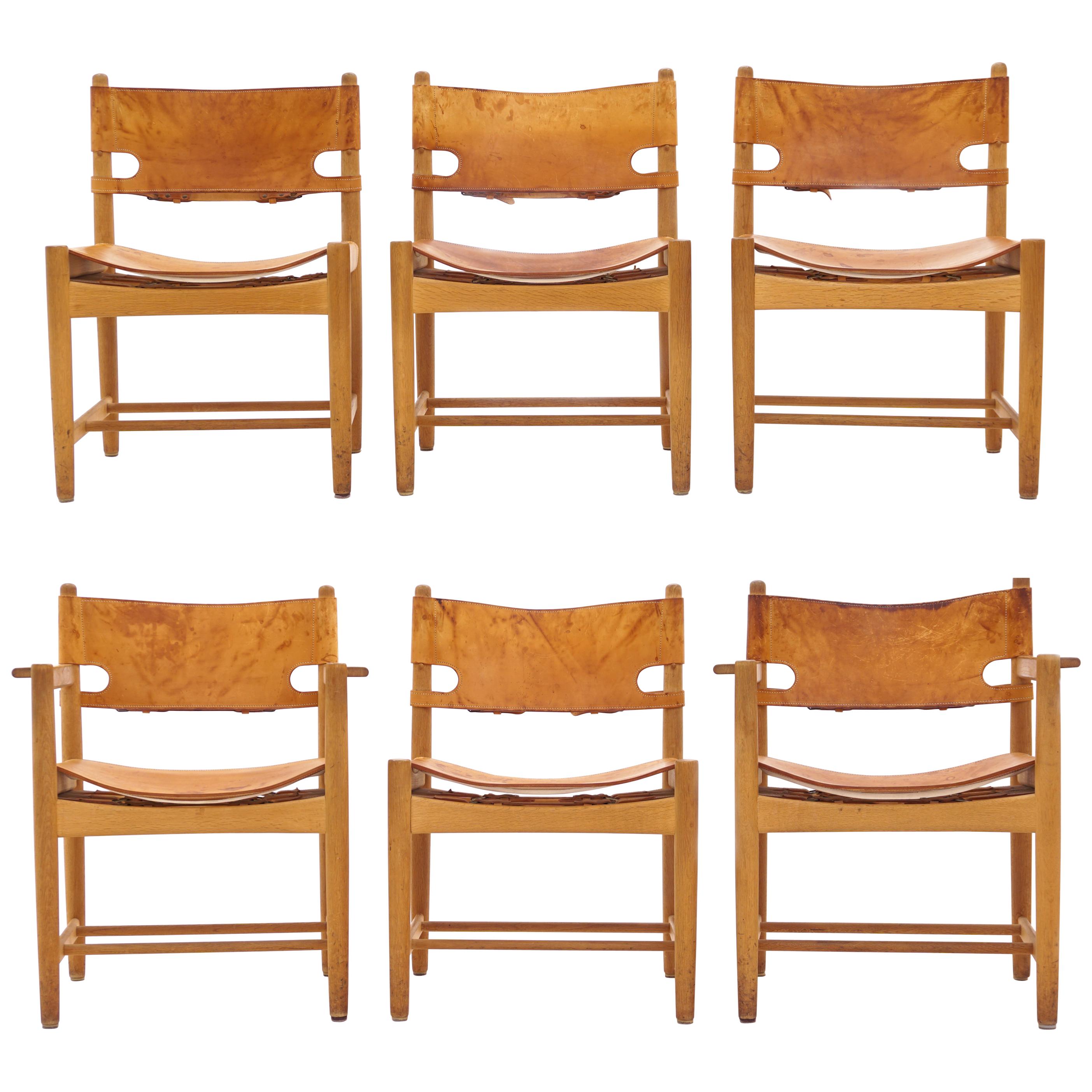 Set of Six Patinated Børge Mogensen "Spanish Dinner Chairs", Oak and Leather