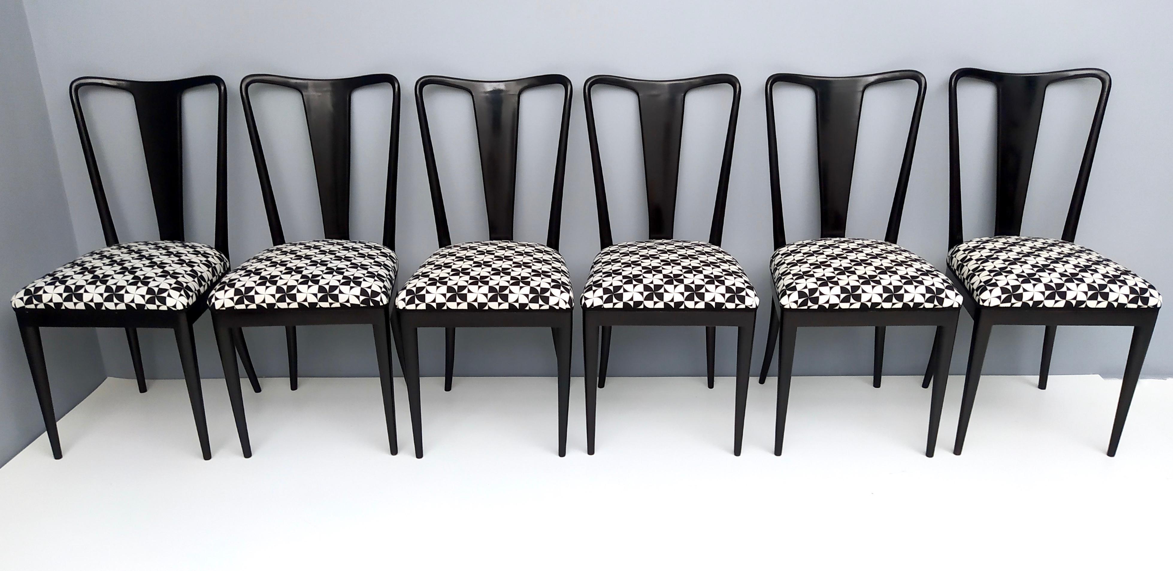 Mid-Century Modern Set of Six Patterned Ebonized Walnut Chairs by Guglielmo Ulrich, Italy