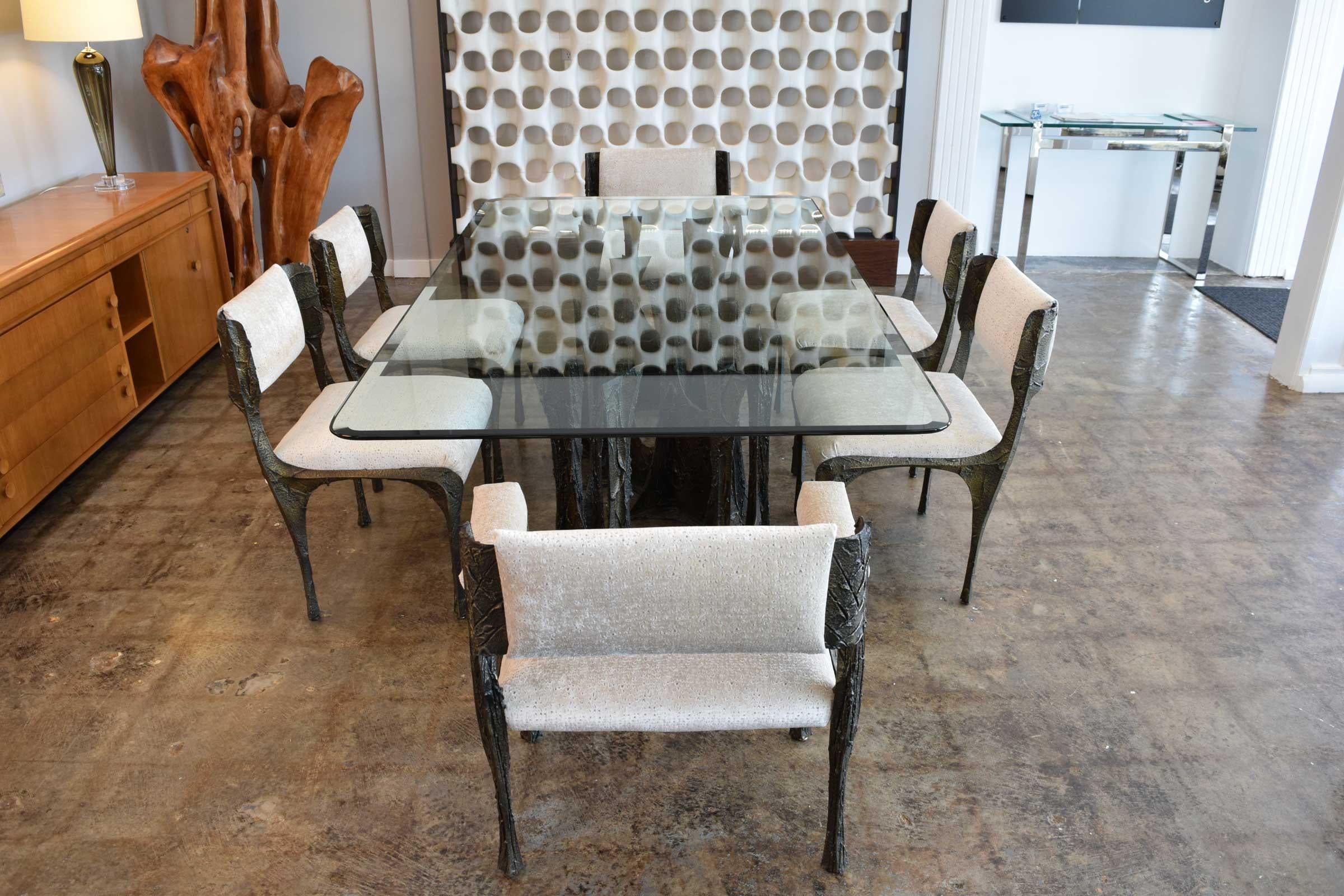 American Set of Six Paul Evans Brutalist Sculpted Bronze and Resin Dining Chairs, 1972