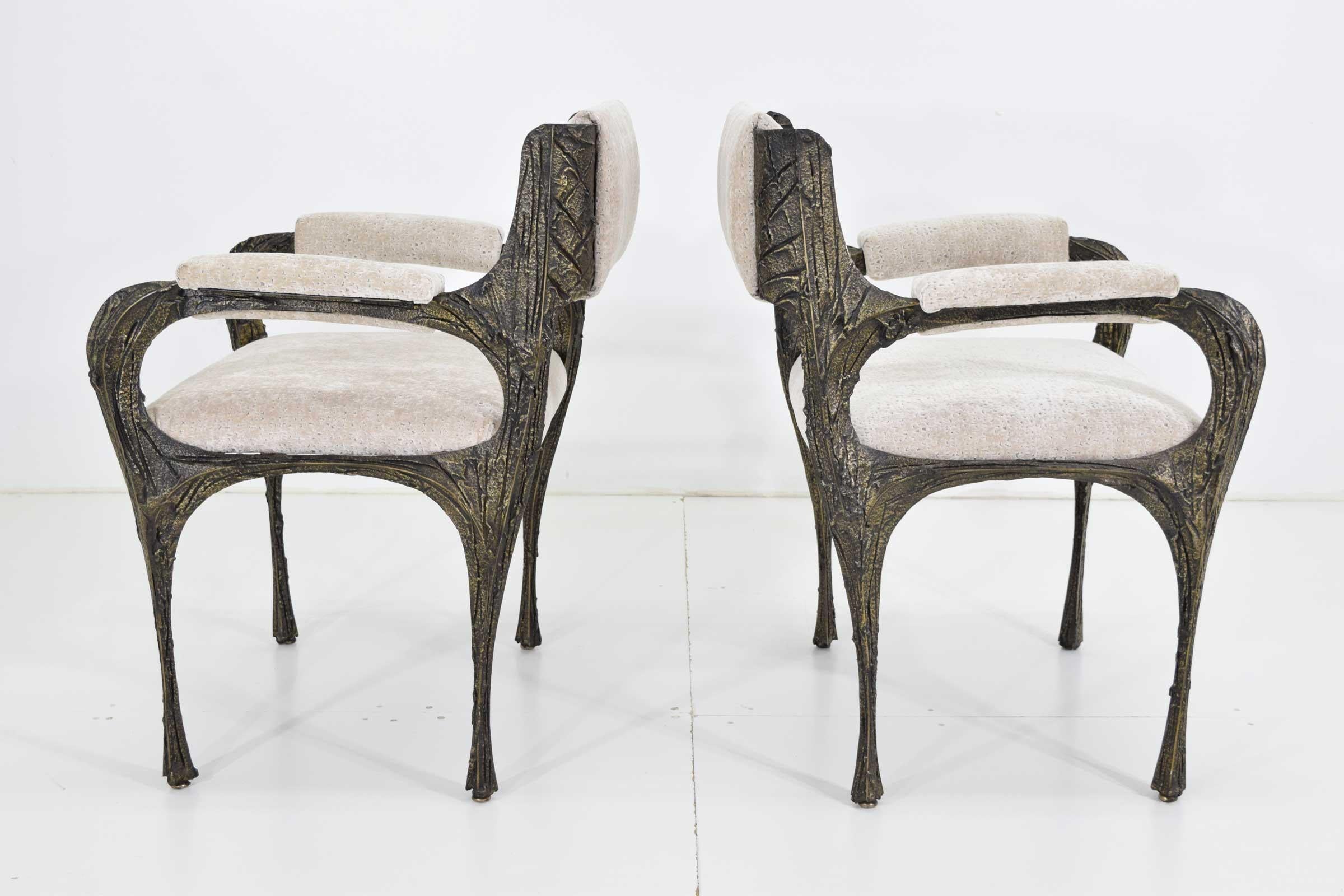 20th Century Set of Six Paul Evans Brutalist Sculpted Bronze and Resin Dining Chairs, 1972