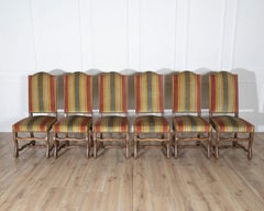 Set of Six Pegged Oak Mutton-Leg Dining Chairs with Striped Upholstery