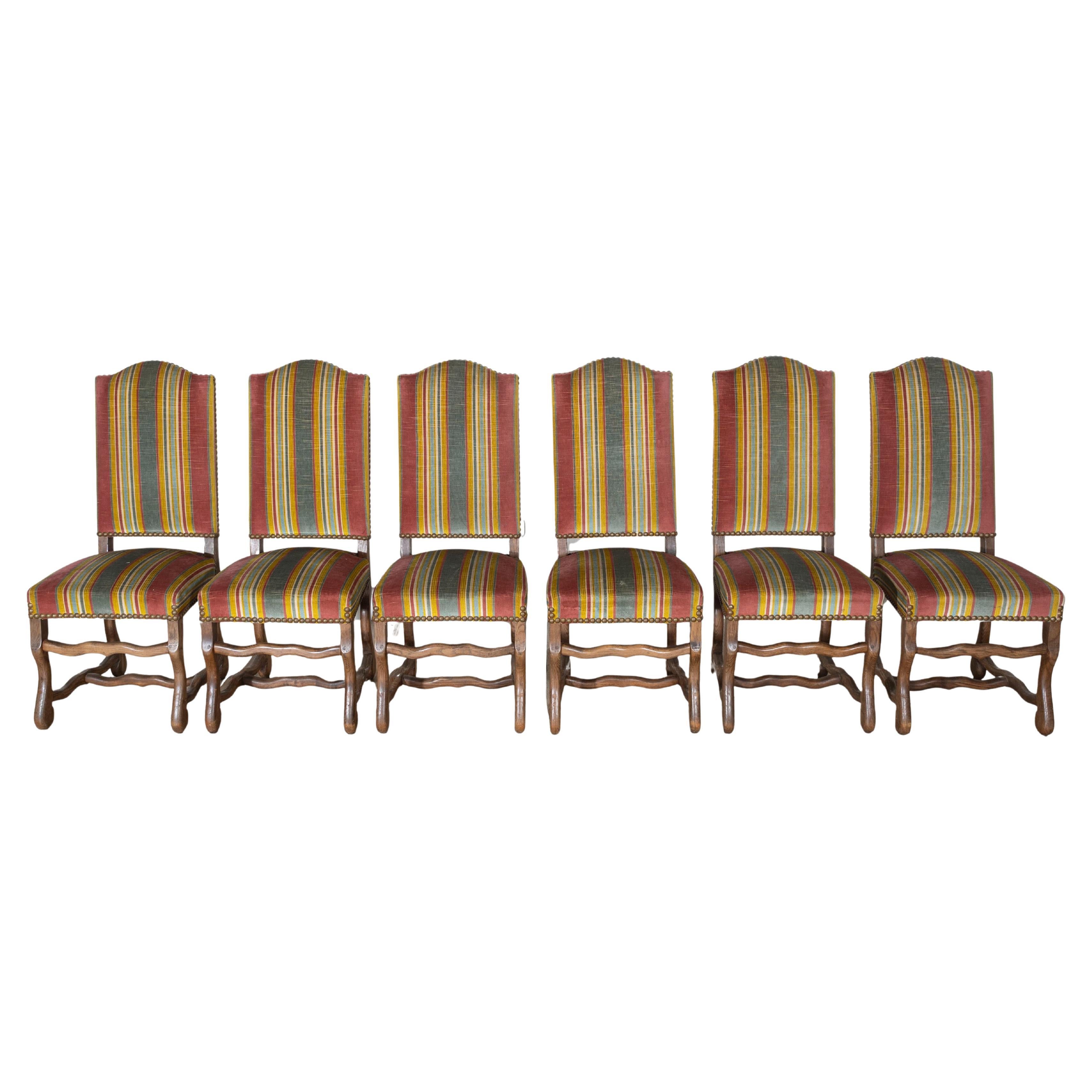 Set of Six Pegged Oak Mutton-Leg Dining Chairs with Striped Upholstery