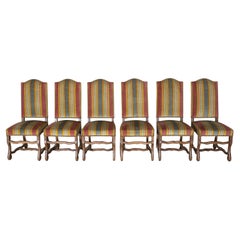 Set of Six Pegged Oak Mutton-Leg Dining Chairs with Striped Upholstery