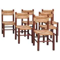 Ensemble de six chaises de salle à manger italiennes en jonc de style Perriand du milieu du siècle dernier