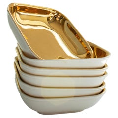 Set of Six Piero Fornasetti Porcelain Bowls with Gilt Interiors, Italy, 1960s