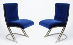 Set of Six Pierre Cardin Chrome Dining Chairs in Blue Velvet