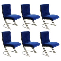 Set of Six Pierre Cardin Chrome Dining Chairs in Blue Velvet