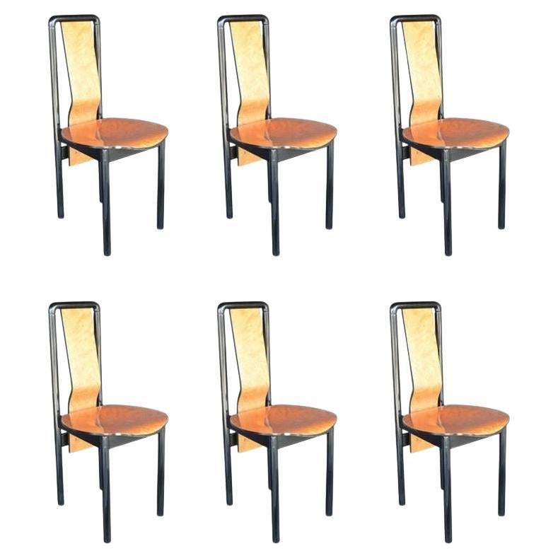Conjunto de seis sillas de comedor Pierre Cardin de madera de pacana y arce ebonizado. EE.UU. Años 70