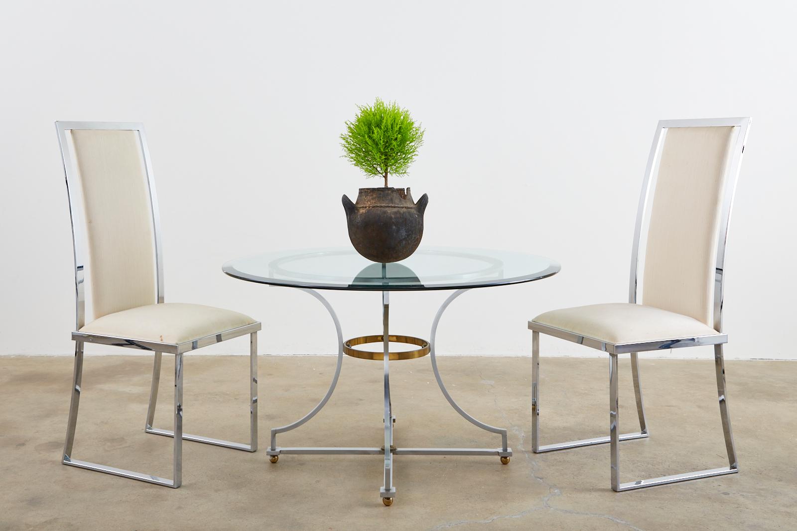 Rare set of six chrome dining chairs designed by Pierre Cardin. Featuring a Milo Baughman inspired flat bar style frame. Exceptional design having a seat that wraps around the tall backrest that becomes the legs. Sculptural style that has a