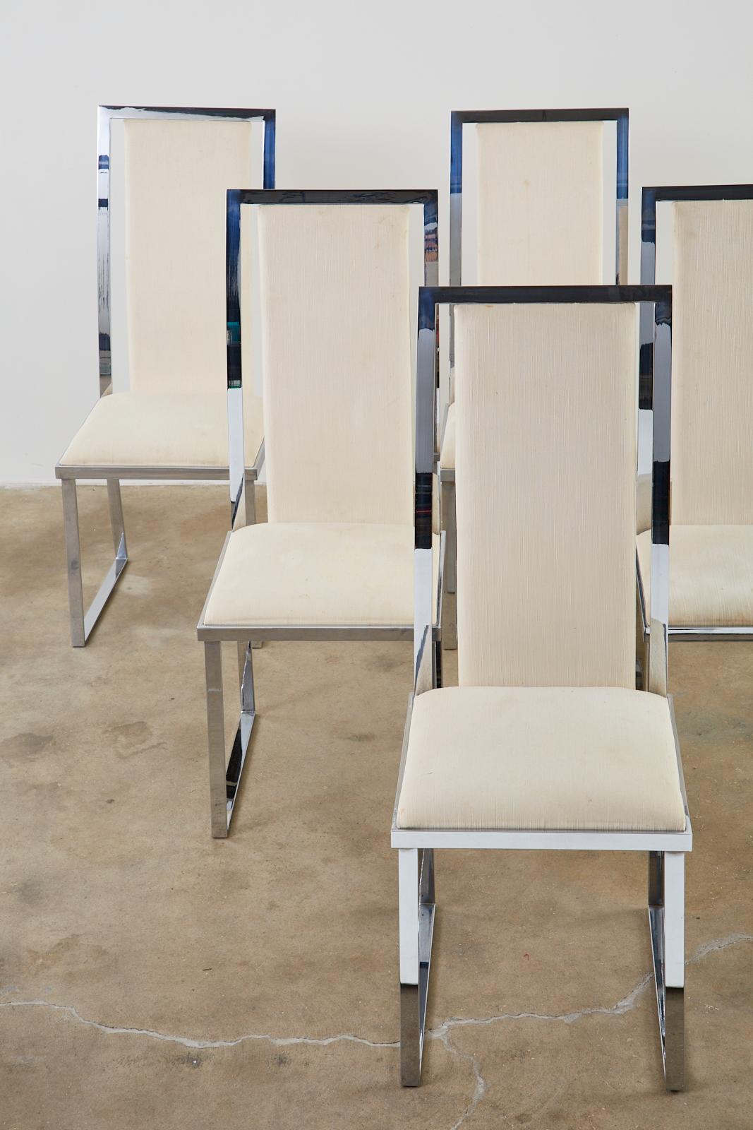 Hollywood Regency Ensemble de six chaises de salle à manger chromées à barre plate Pierre Cardin en vente