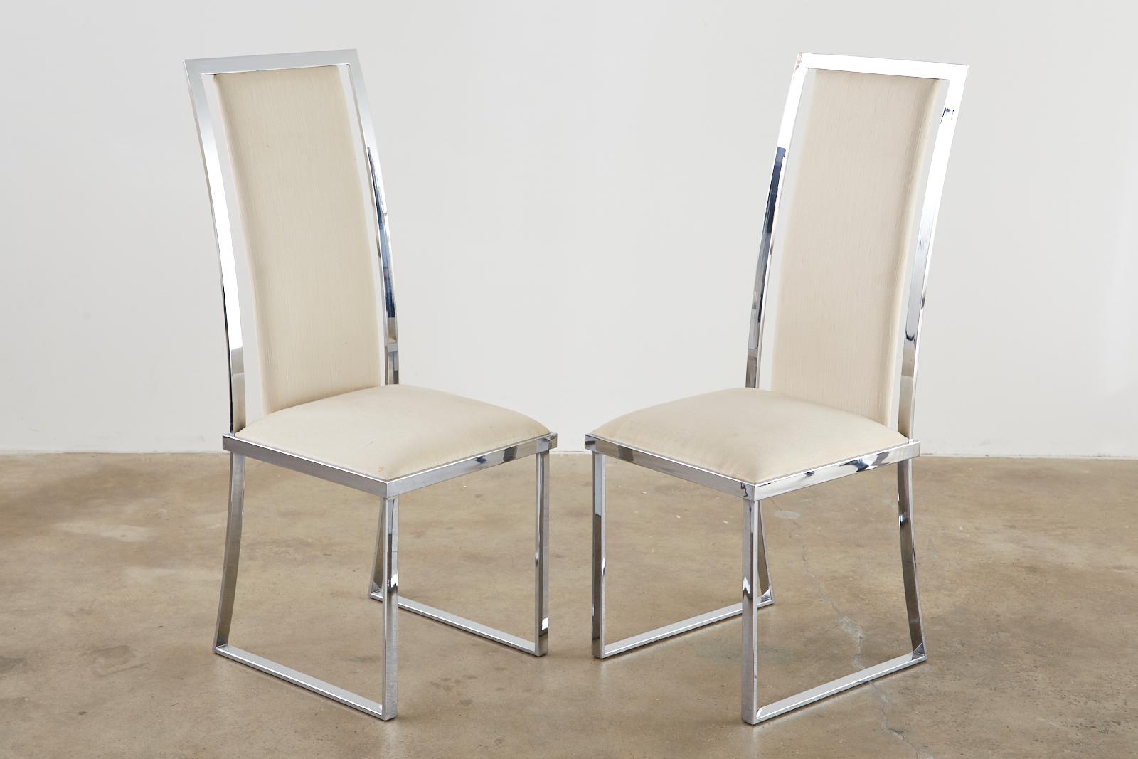 Hollywood Regency Set of Six Pierre Cardin Flat Bar Chrome Dining Chairs For Sale