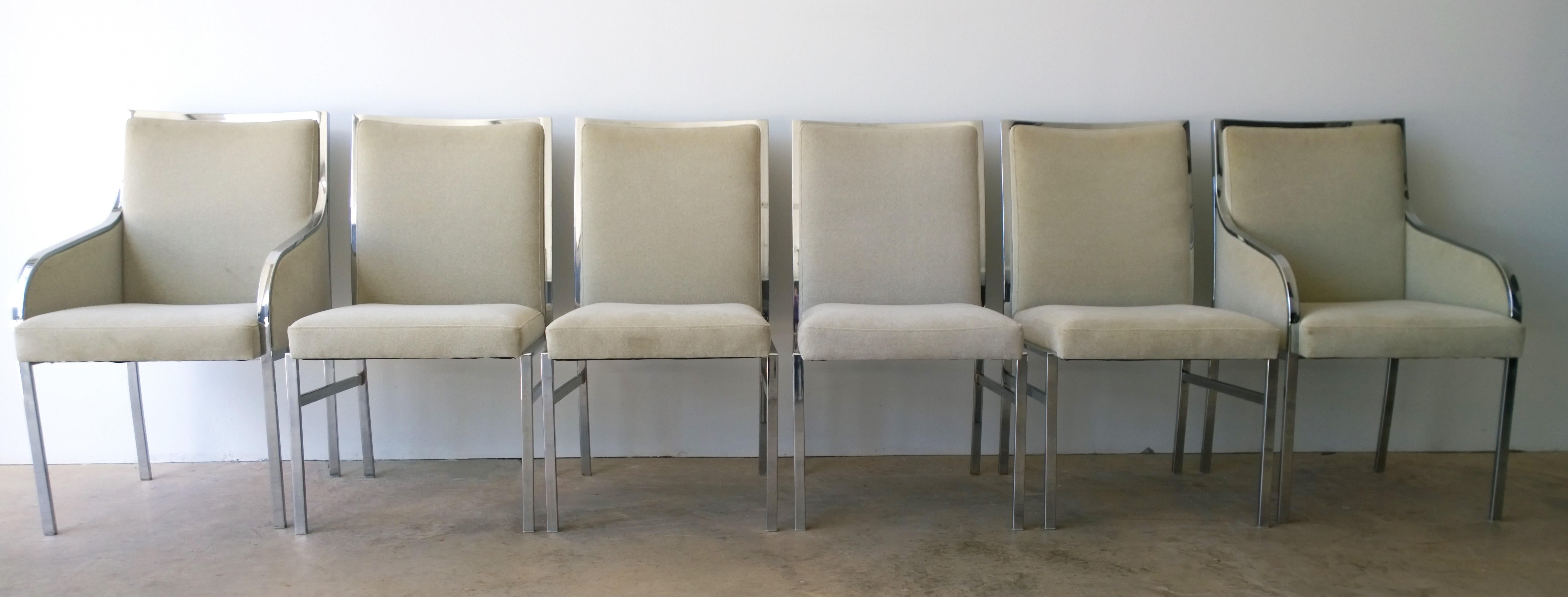 Offered is a Mid-Century Modern set of six chrome and tan felted wool Pierre Cardin style dining chairs. The dining chair set offer to armed end and four side chairs. The set includes two armchairs and four side chairs. The dining chairs have clean