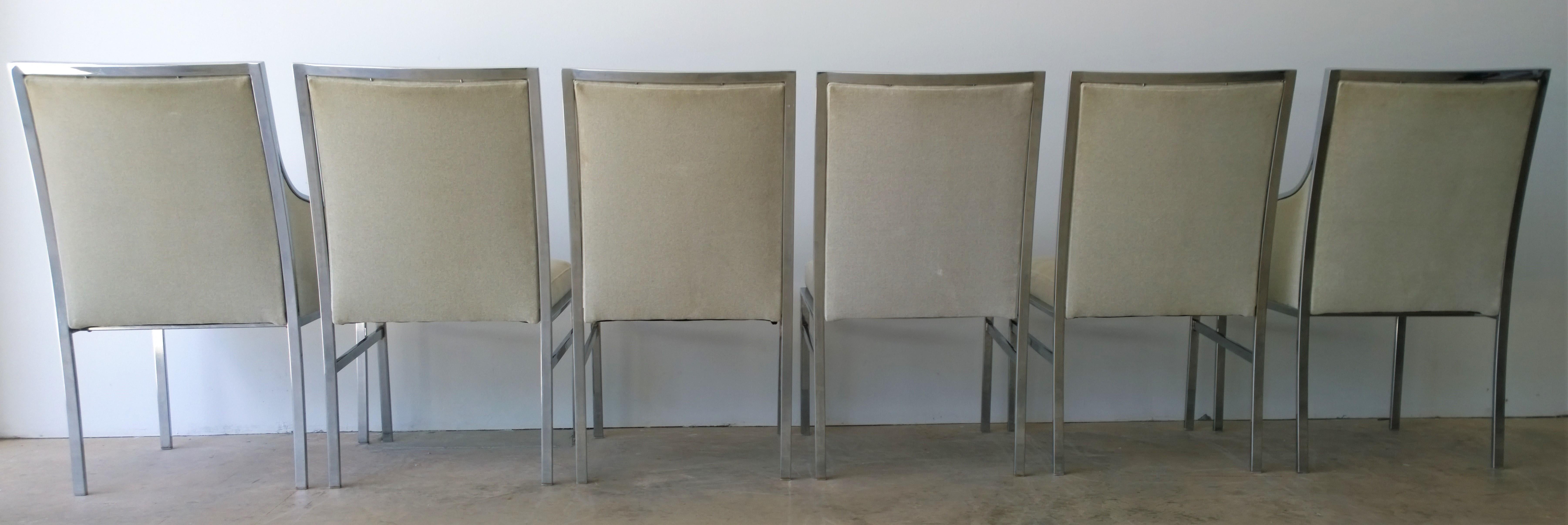 Mid-Century Modern Set of Six Pierre Cardin Style Chrome Frame and Tan Felted Wool Dining Chairs For Sale
