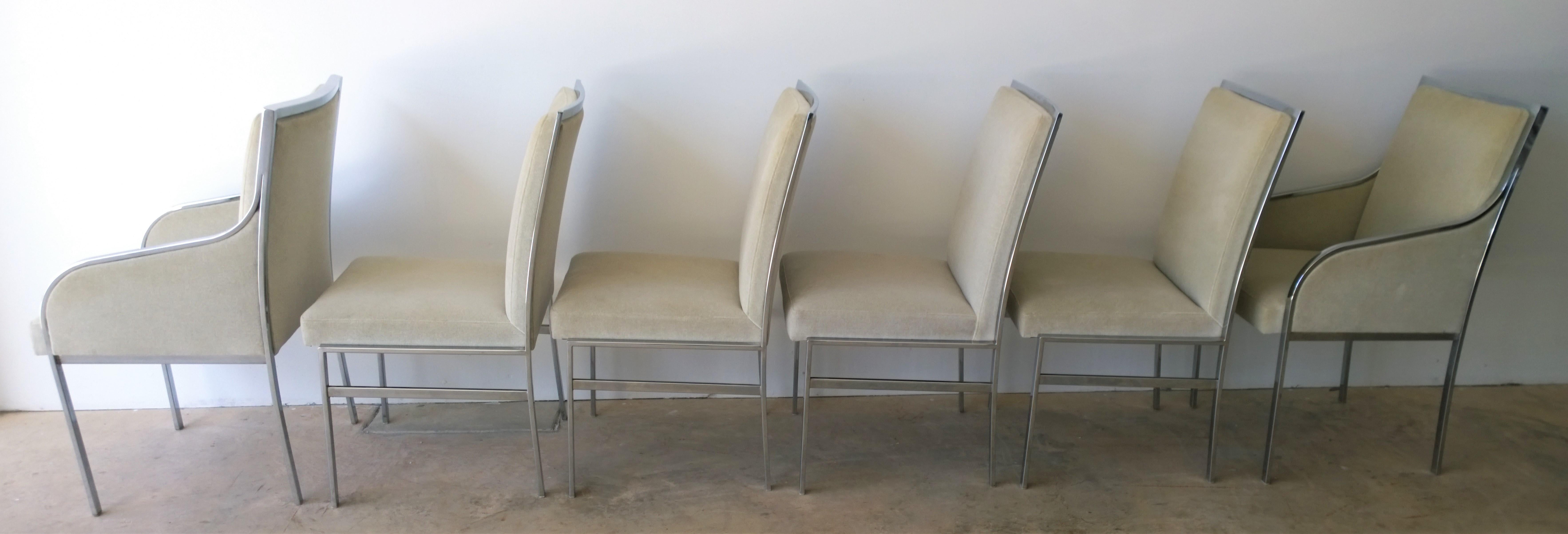 Canadian Set of Six Pierre Cardin Style Chrome Frame and Tan Felted Wool Dining Chairs For Sale