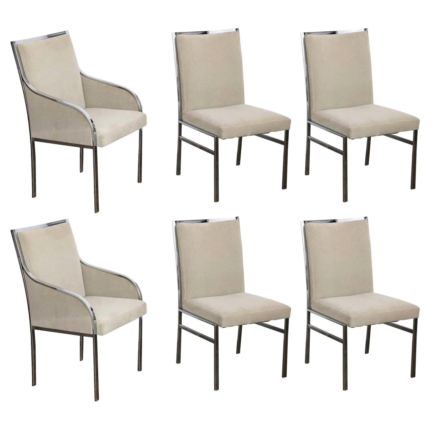 Set of Six Pierre Cardin Style Chrome Frame and Tan Felted Wool Dining Chairs For Sale