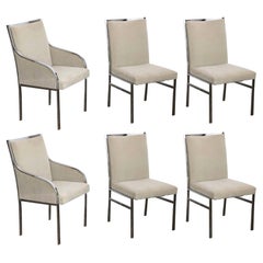 Vintage Set of Six Pierre Cardin Style Chrome Frame and Tan Felted Wool Dining Chairs