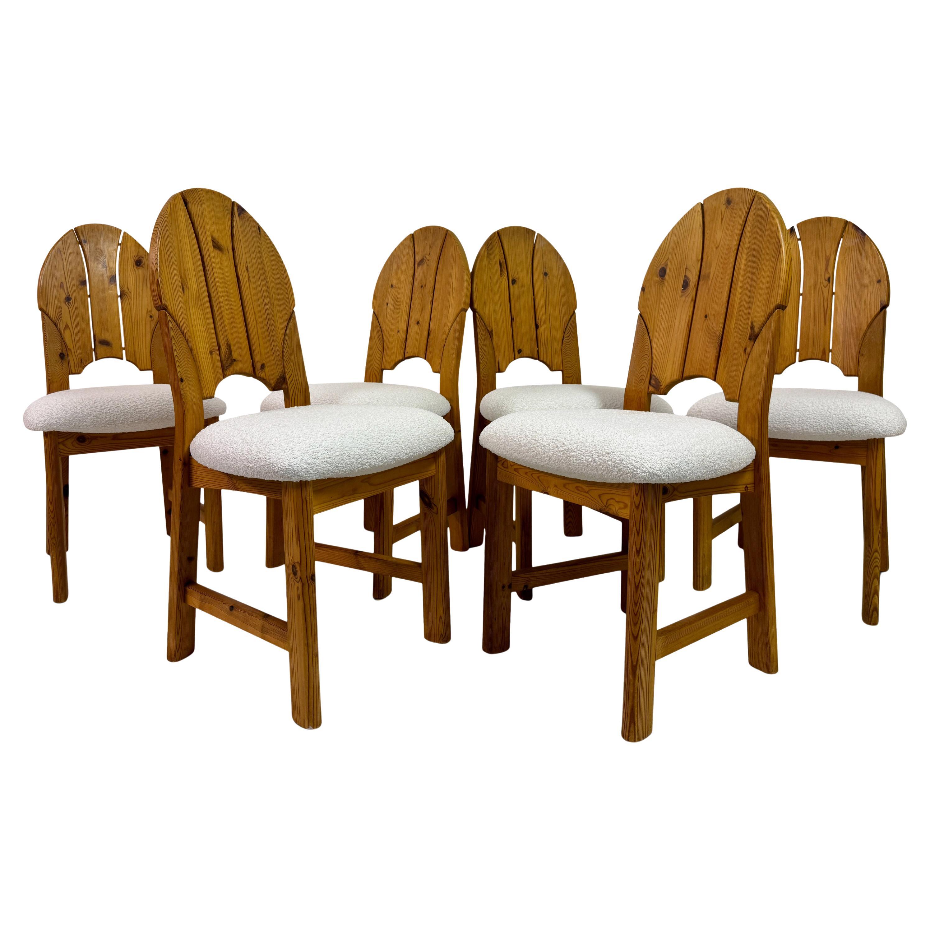 Set of Six Pine and Boucle Scandianavian Dining Chairs For Sale