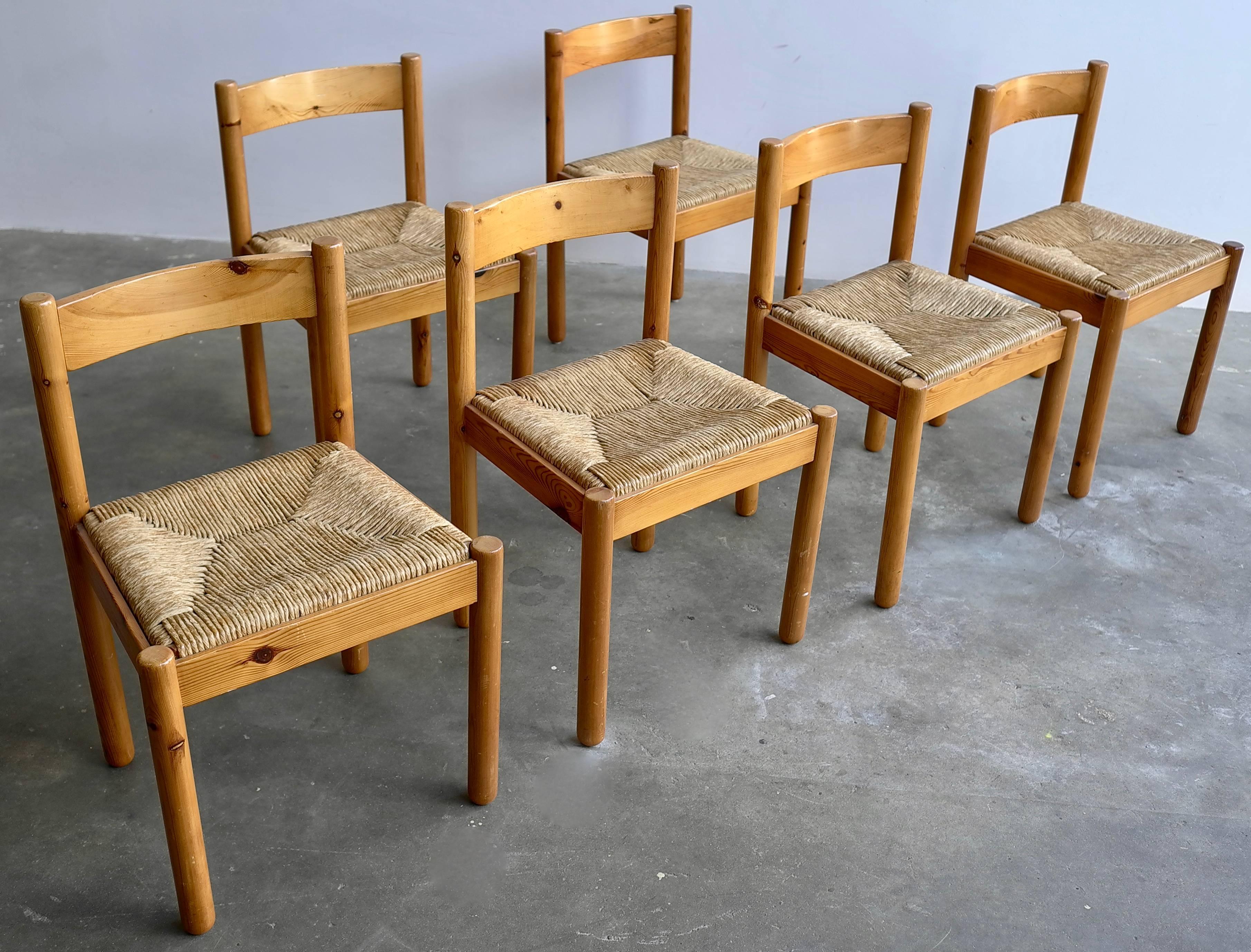 Set of six pine and wicker chairs in style of Charlotte Perriand.