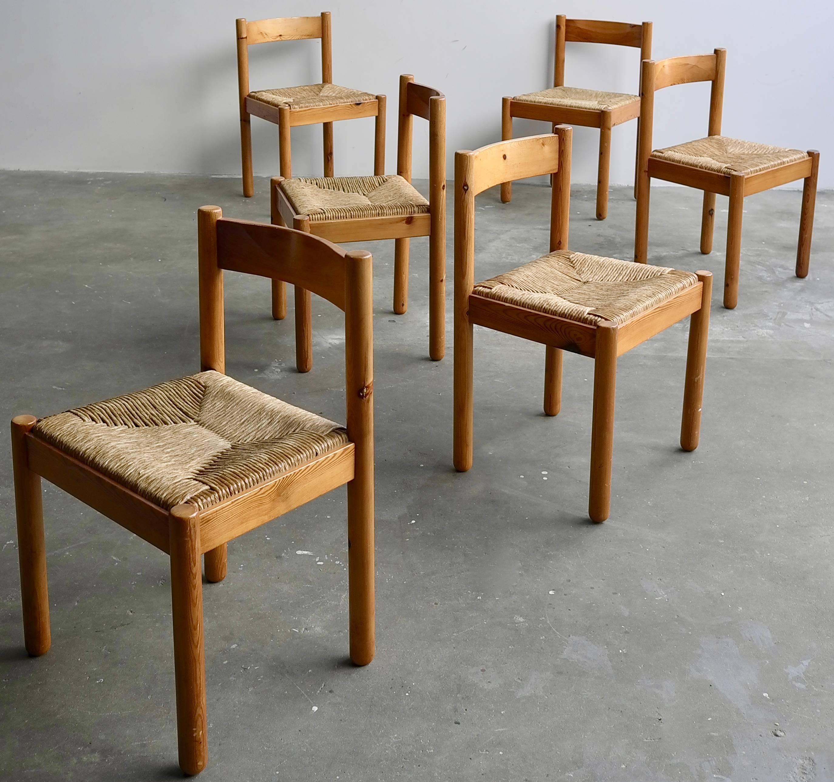 Mid-Century Modern Set of Six Pine and Wicker Chairs in Style of Charlotte Perriand