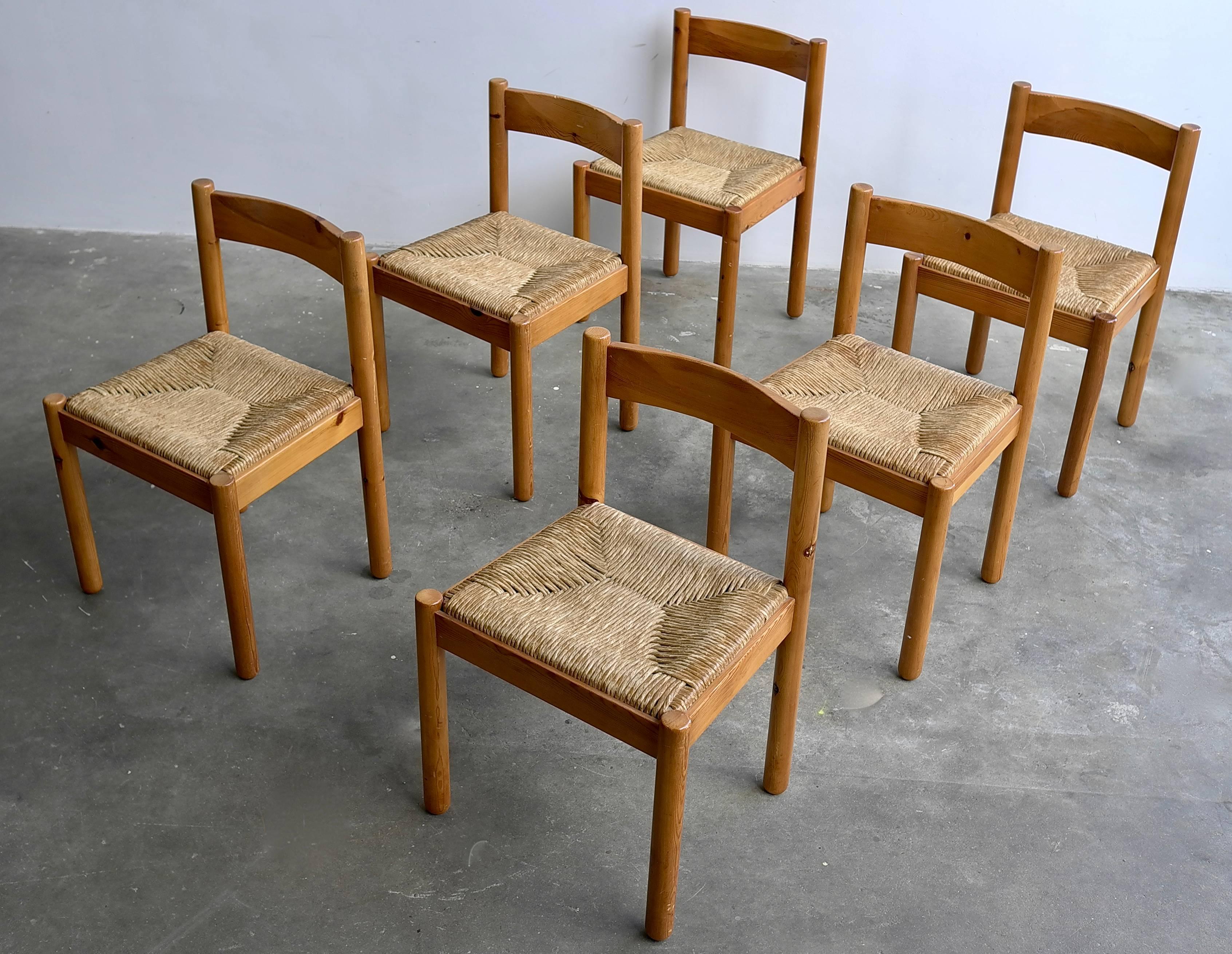 Set of Six Pine and Wicker Chairs in Style of Charlotte Perriand 3