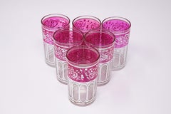 Set of Six Pink Moroccan Glasses with Silver Raised Moorish Design