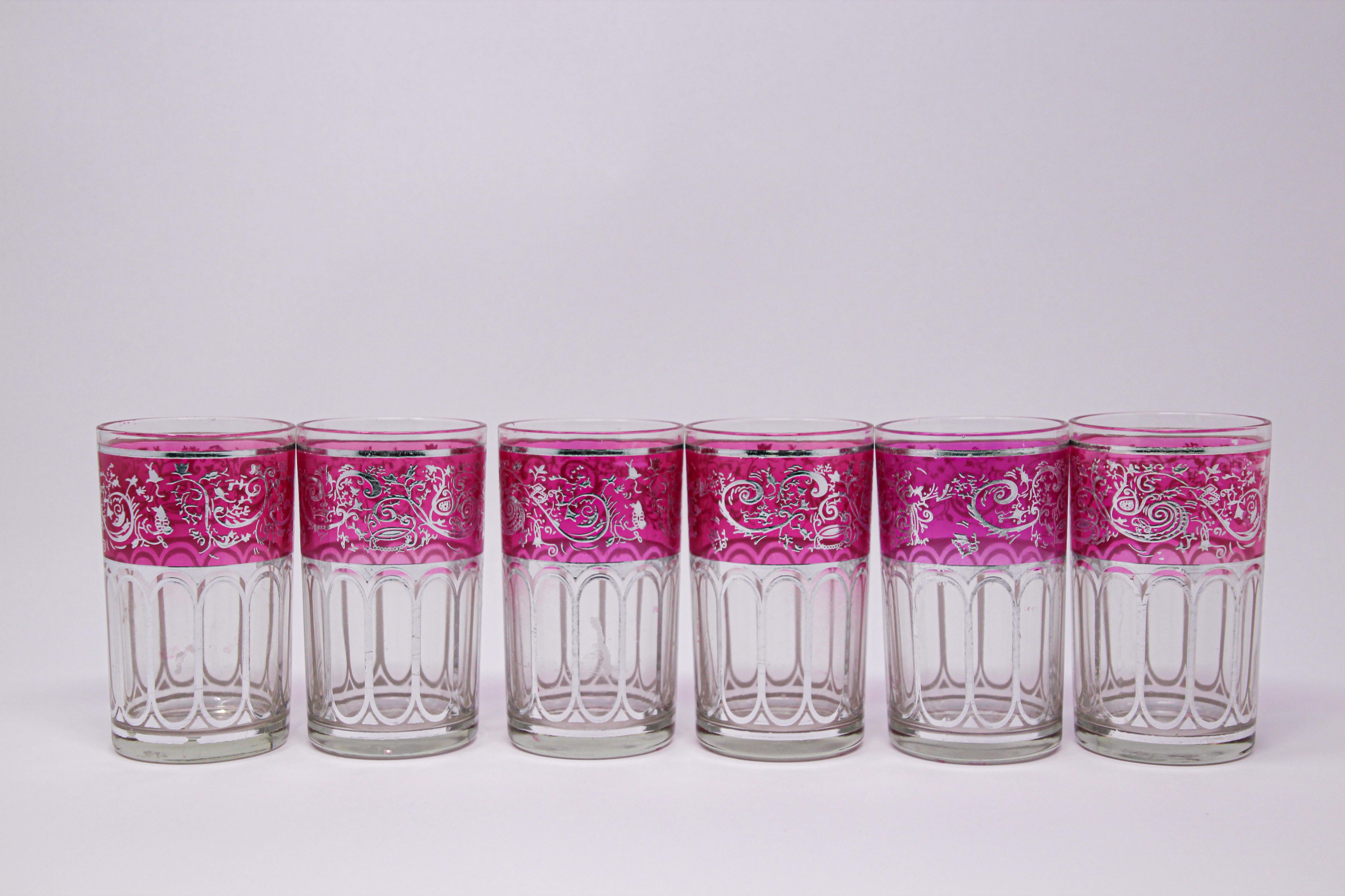 Moroccan Set of Six Pink Glasses with Silver Raised Moorish Design For Sale