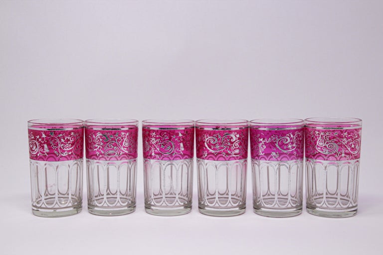 Moroccan Set of Six Pink Glasses with Silver Raised Moorish Design For Sale