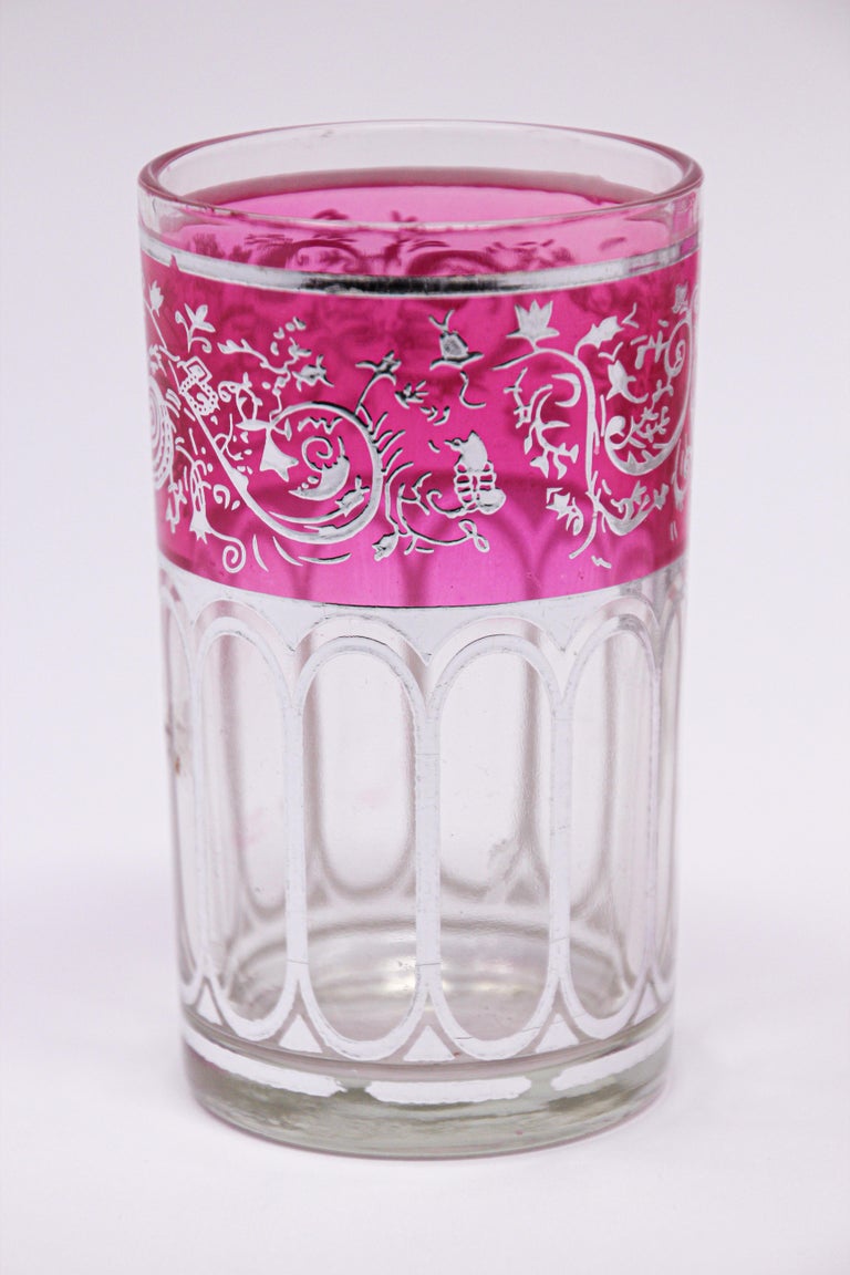 20th Century Set of Six Pink Glasses with Silver Raised Moorish Design For Sale