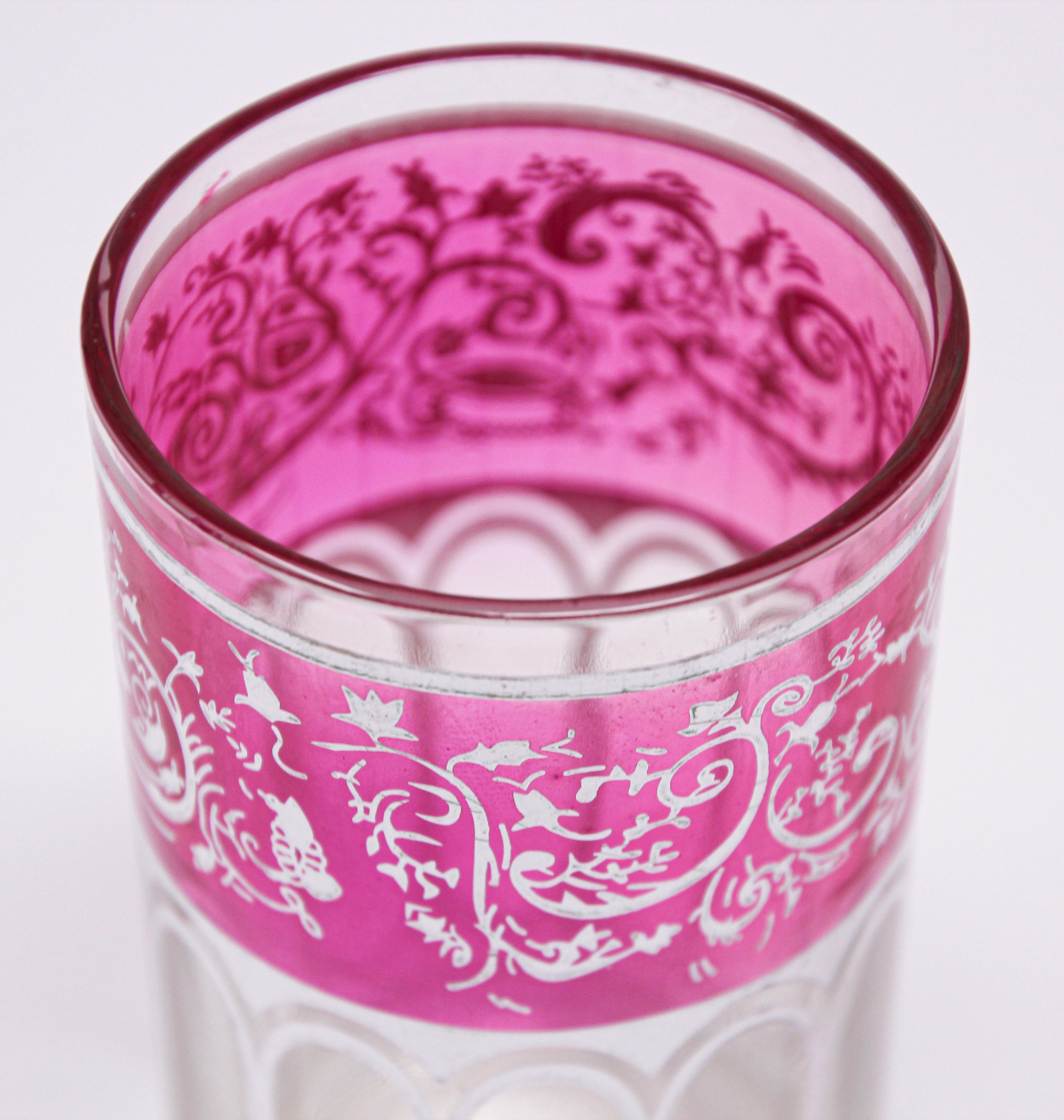 Set of Six Pink Glasses with Silver Raised Moorish Design For Sale 4