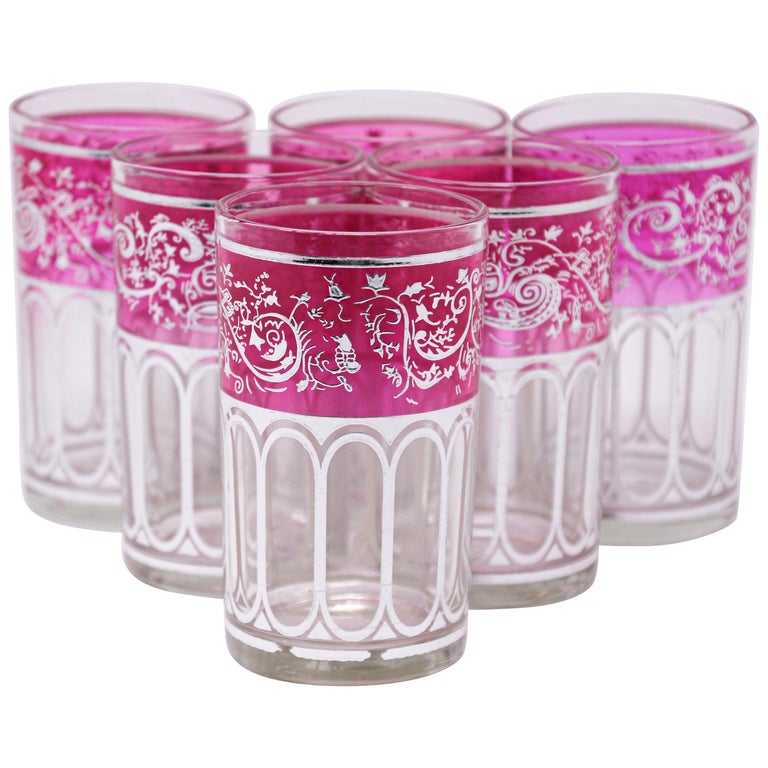 Set of Six Pink Glasses with Silver Raised Moorish Design For Sale