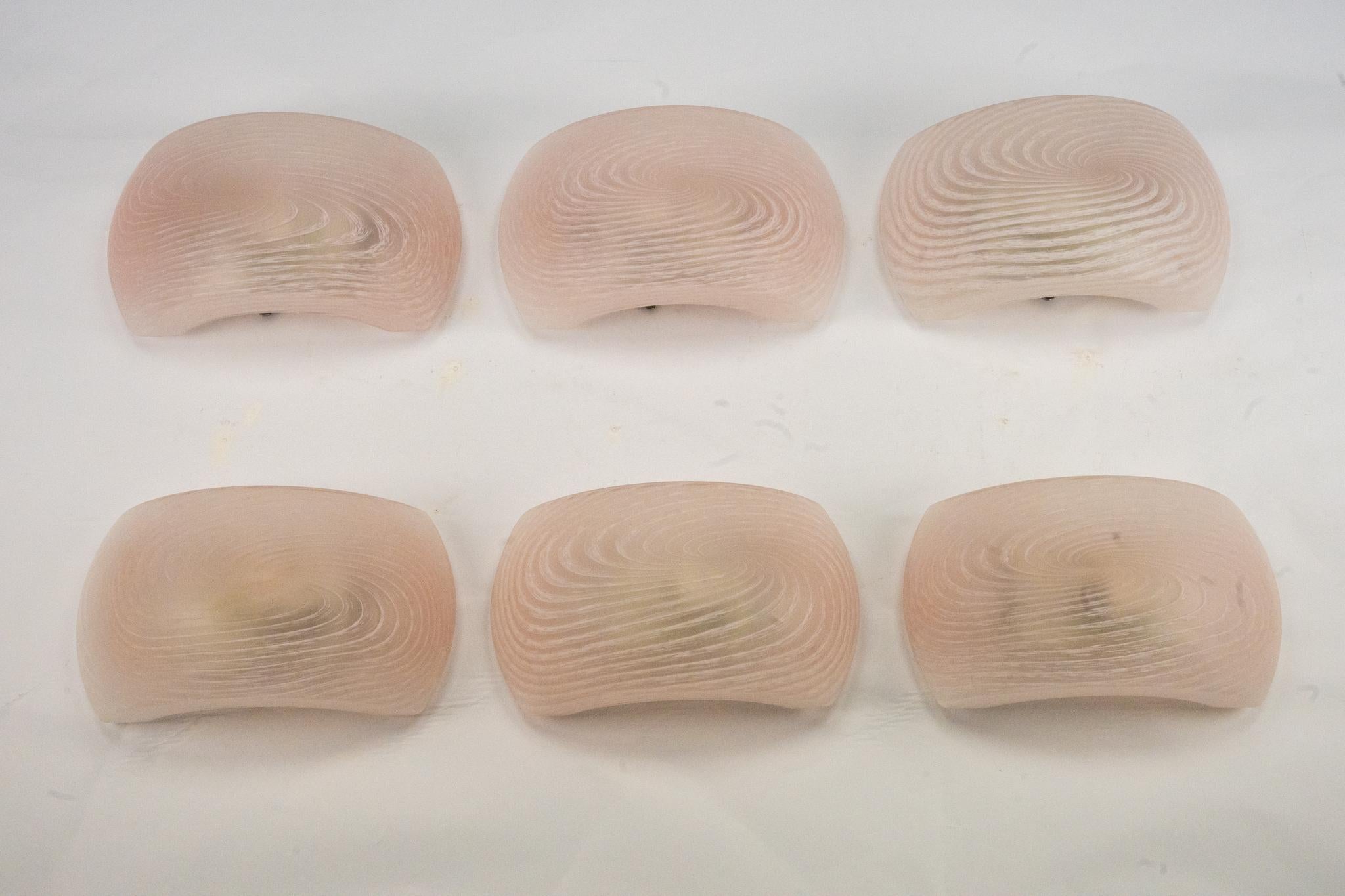 Conjunto de seis apliques de cristal de murano rosa. Italia Años 70 Moderno de mediados de siglo en venta