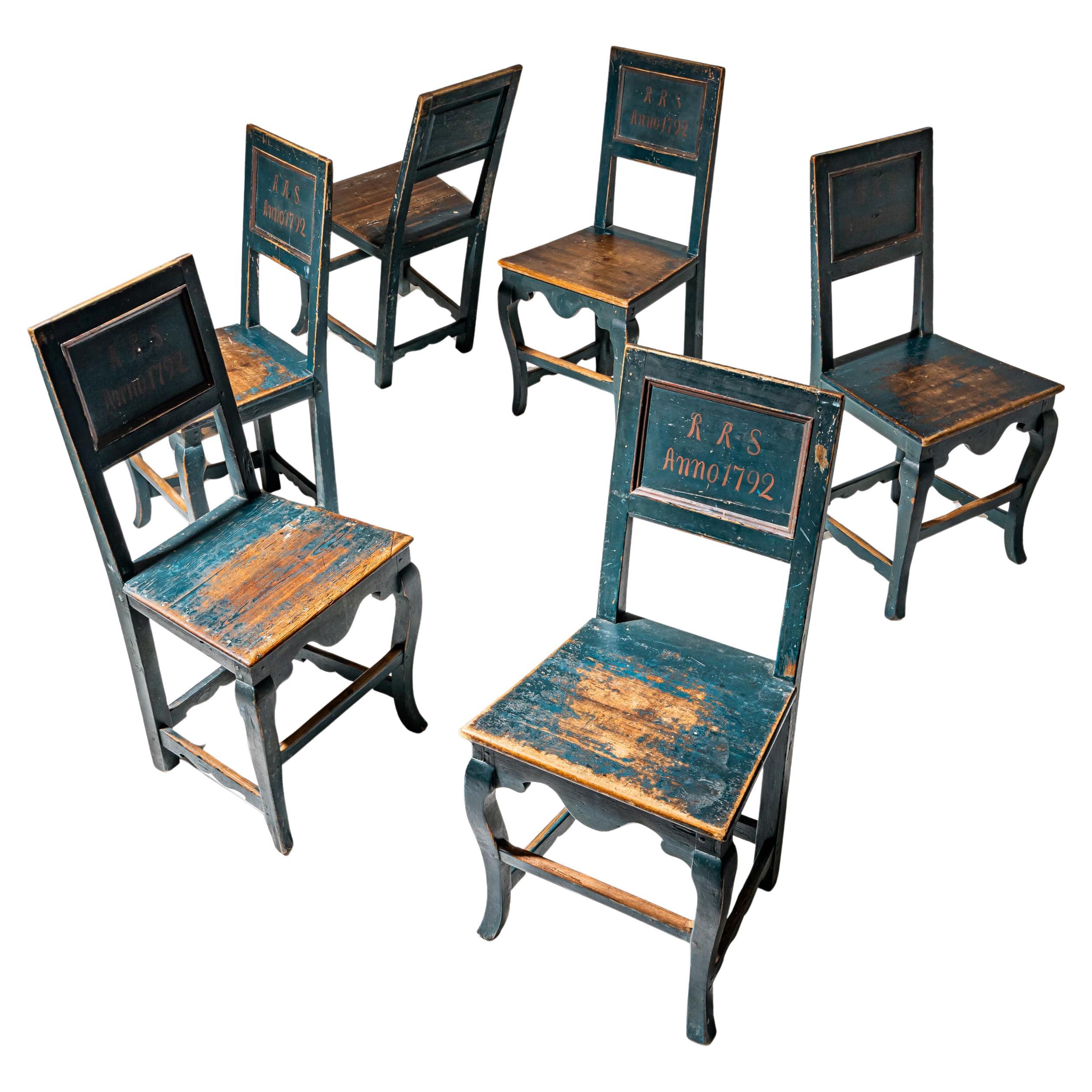 Set of Six Plank-Seated Dining Chairs, Dated 1792