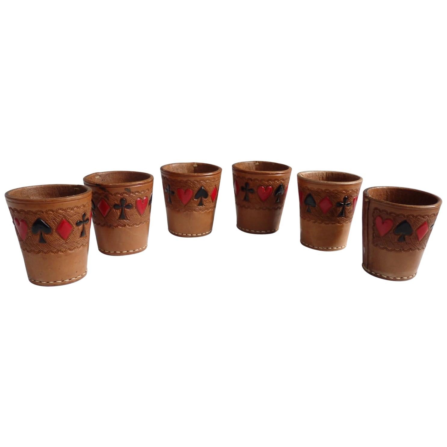 Set of Six Playing Card Themed Tooled Leather Dice Cups