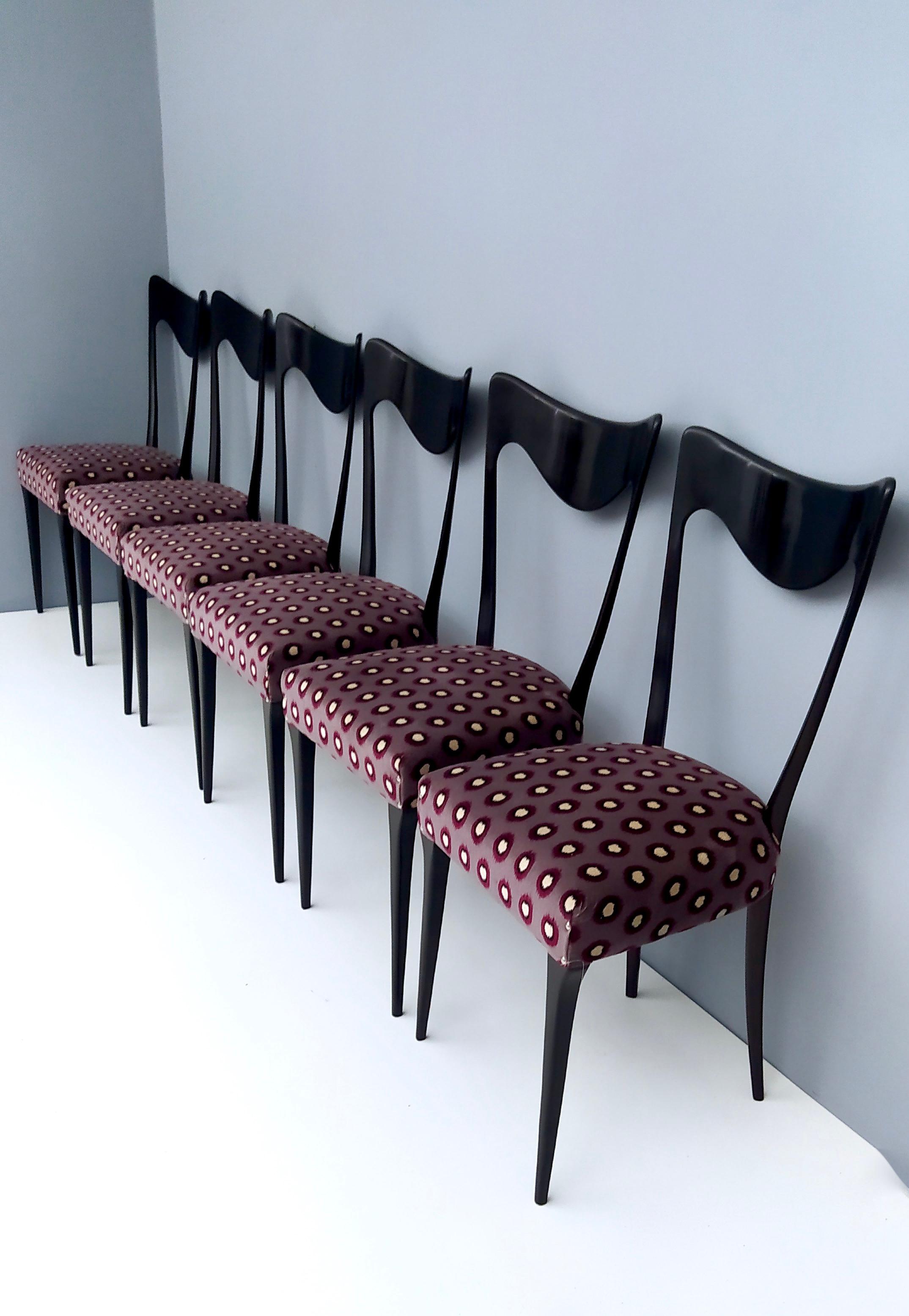 Italian Set of Six Plum Purple Patterned Fabric Chairs by Carlo Enrico Rava, Italy 1950s