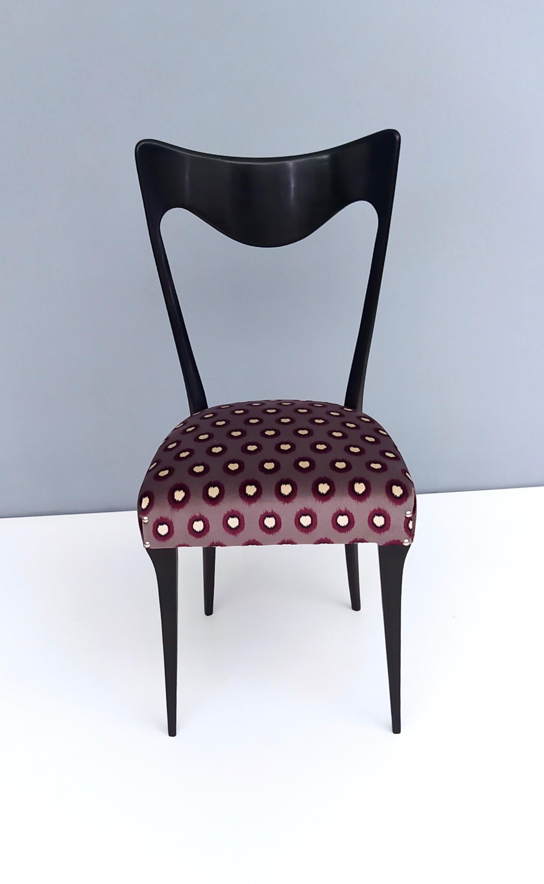 Mid-20th Century Set of Six Plum Purple Patterned Fabric Chairs by Carlo Enrico Rava, Italy 1950s