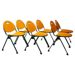 Set of Six Plywood Stacking Chairs Metal Green Lacquered by Gastone Rinaldi.