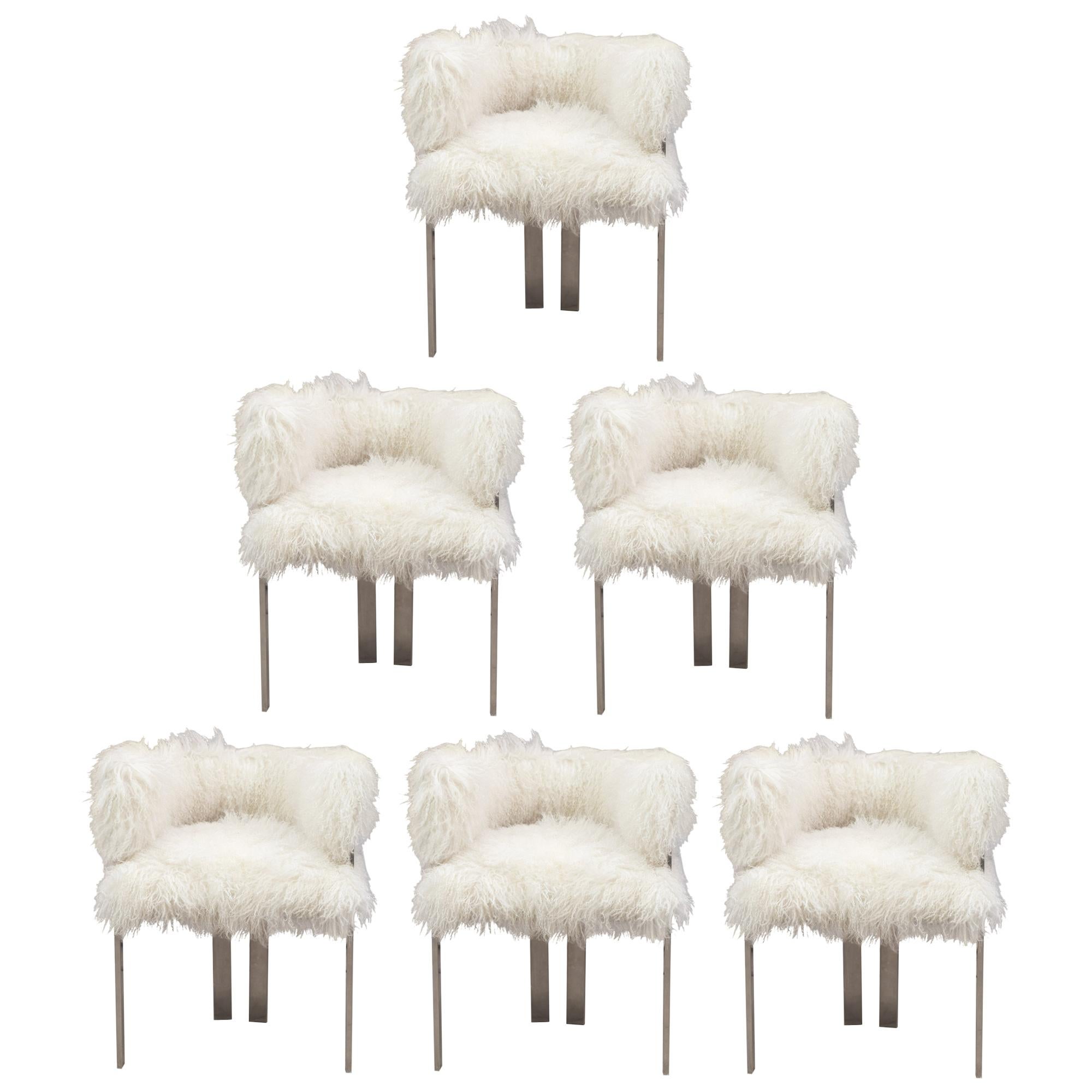 Set of Six Polished Nickel and Mongolian Fur Dining Chairs