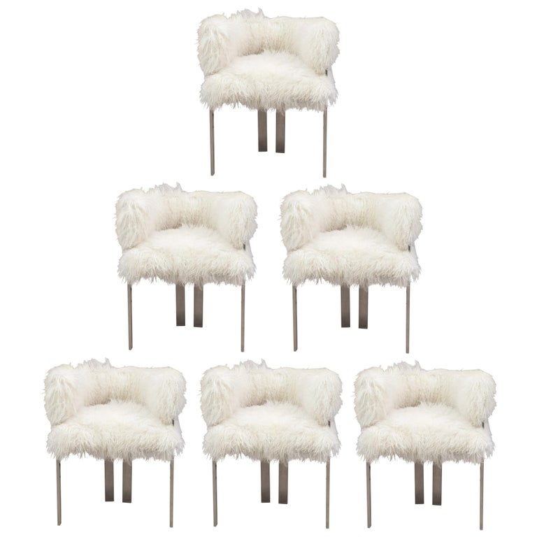 Set of six polished nickel and Mongolian fur dining chairs, 2000s, offered by On Madison