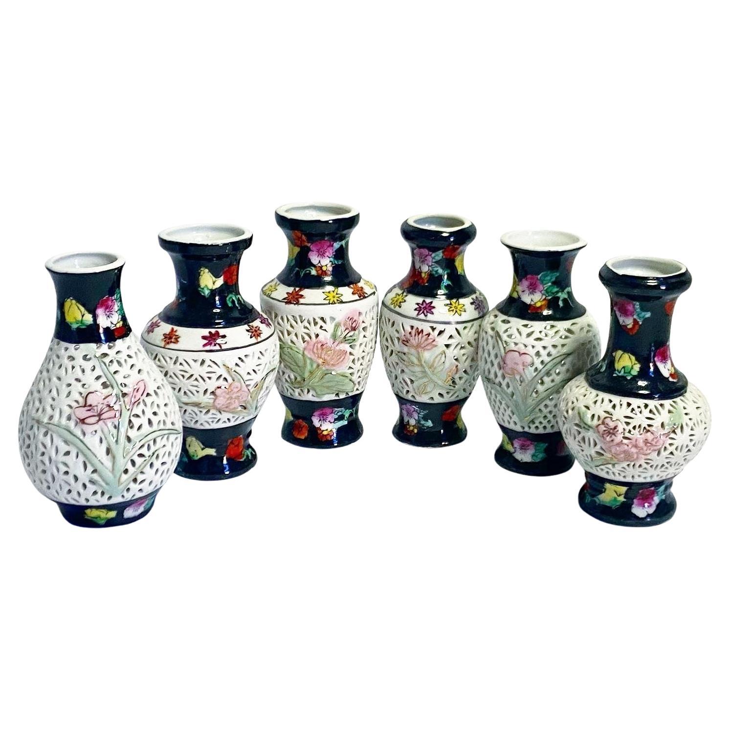 Set Of Six Porcelain Asian Mini Vases