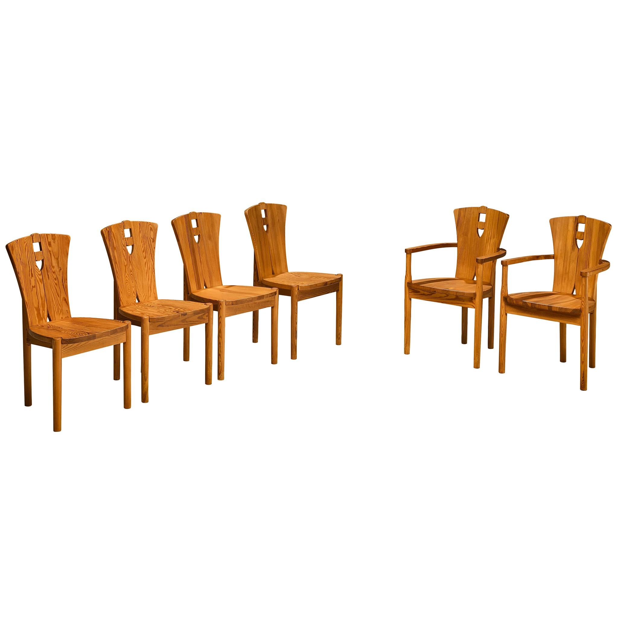 Set of Six Post-Modern Chairs in Solid Pine