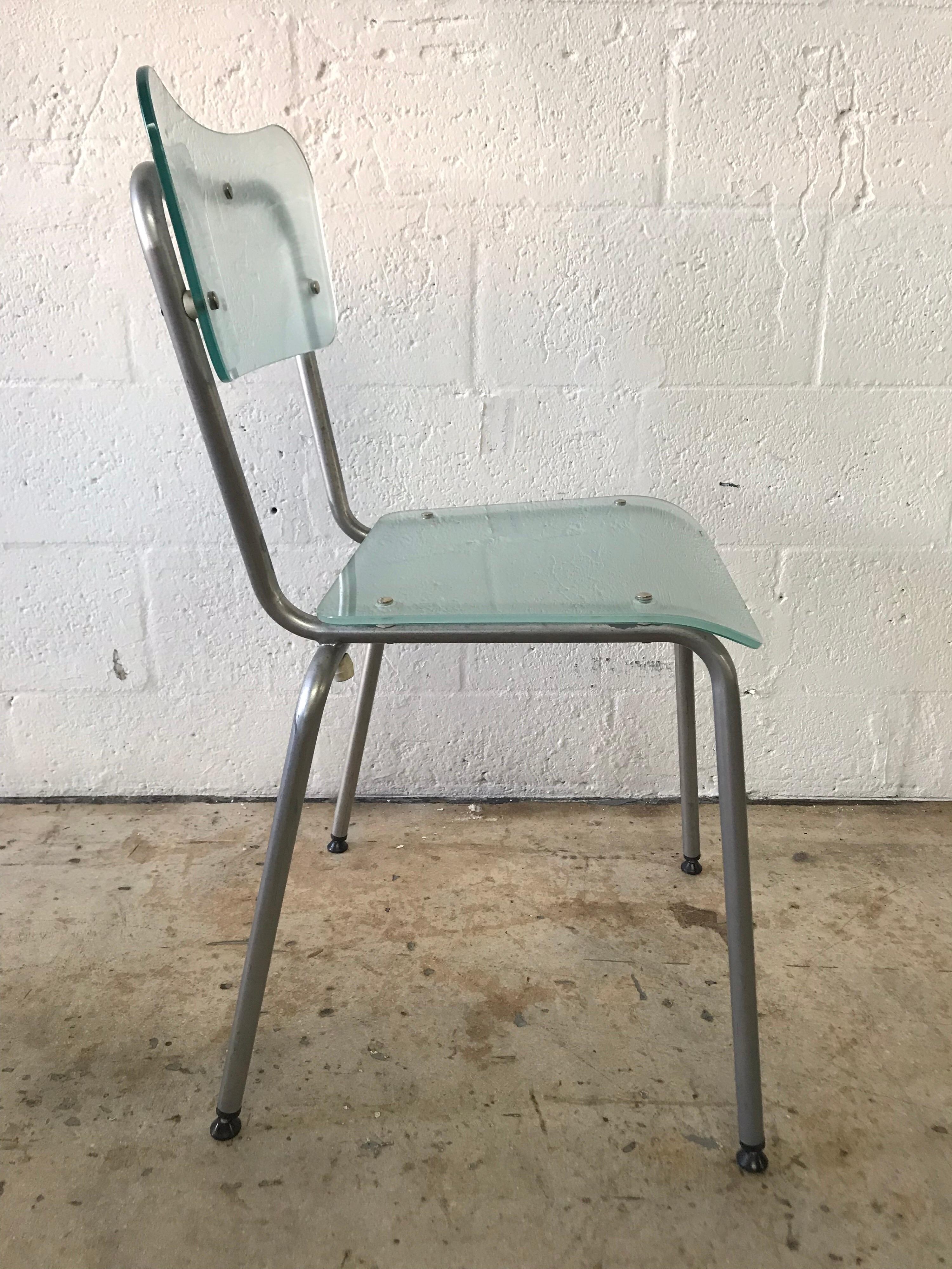 Post-Modern Set of Six Postmodern Glass and Steel Schoolhouse Dining Chairs