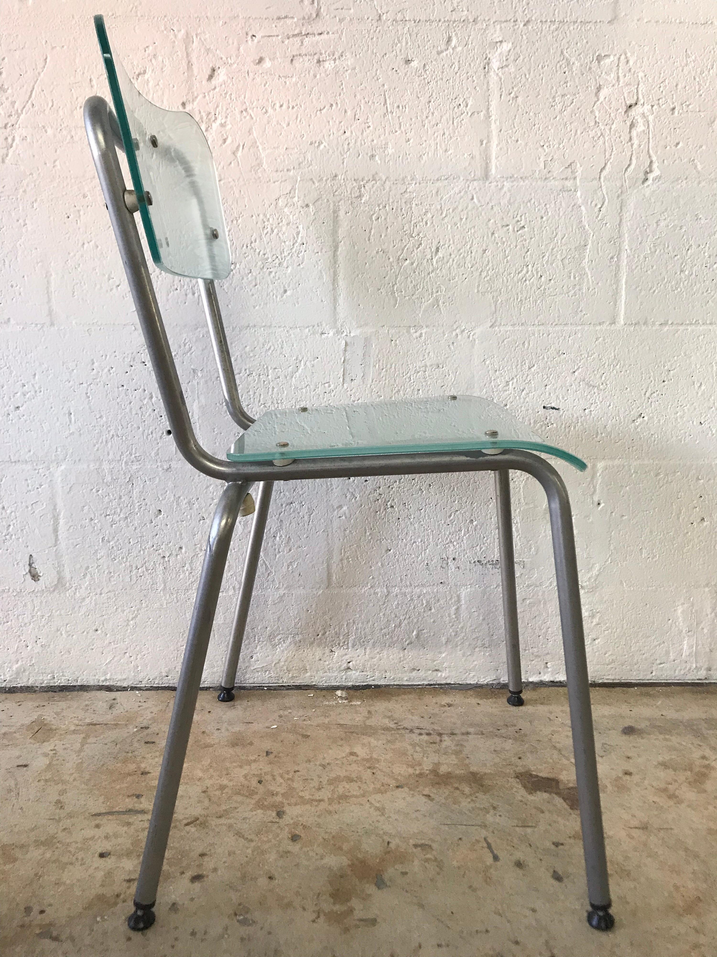 Italian Set of Six Postmodern Glass and Steel Schoolhouse Dining Chairs